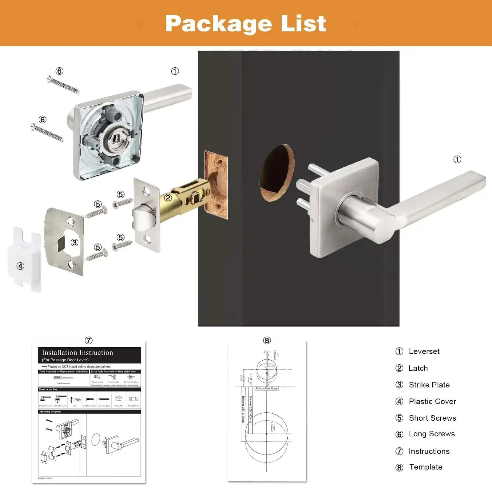 Square Passage Door Handle Set For Interior Doors Heavy Duty Reversible Lever In Satin Nickel Finish With Keyless Passage No Key Needed Hallway Closet Use Brushed Nickel Look 1 Pack - Image 3