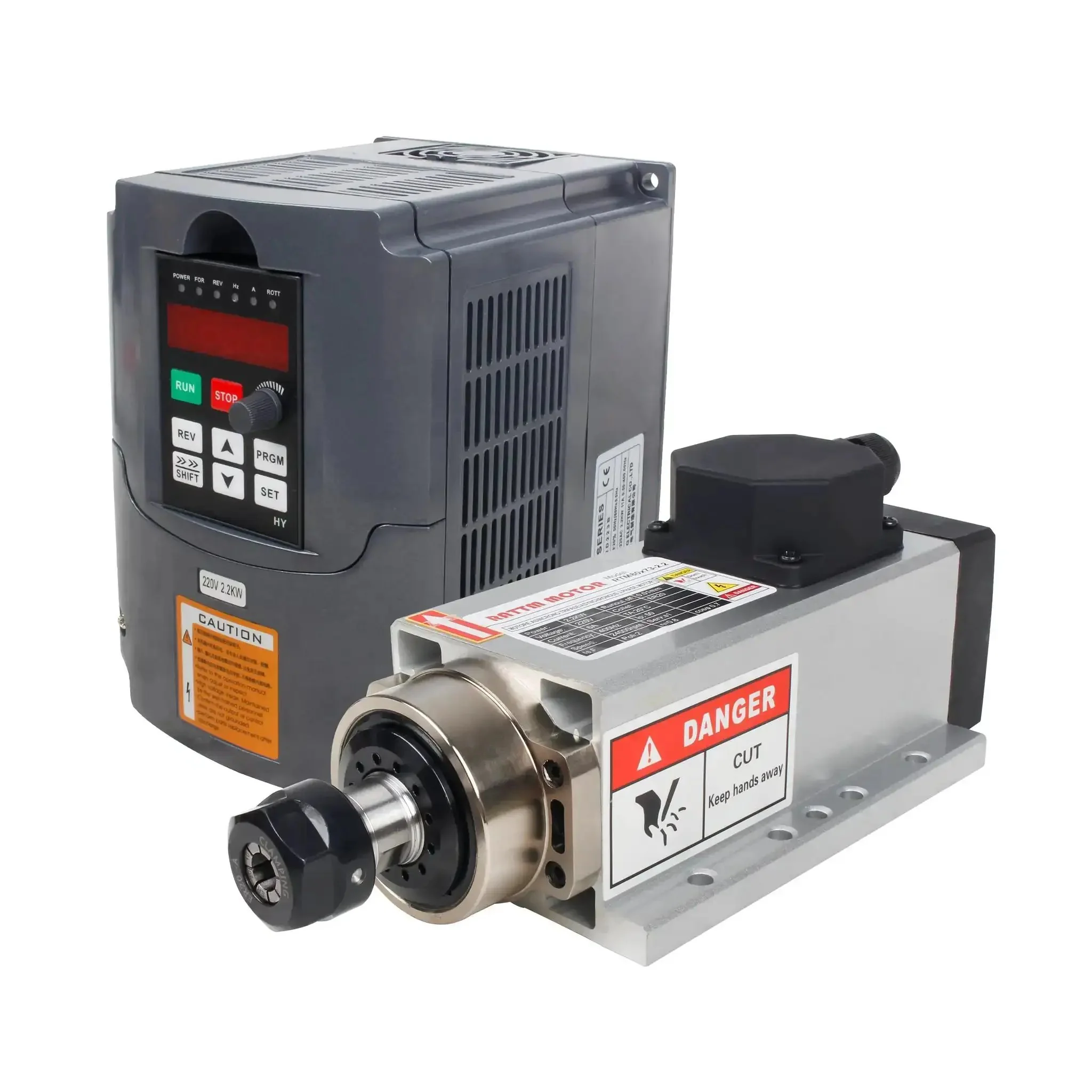 Square Two Point Two Kilowatt 220V Air Cooled CNC Spindle Motor Kit With ER20 Collet And VFD Drive For CNC Router Machine High Precision Four Hundred Hertz Spindle Ultra Low Runout Beefed Up Performance