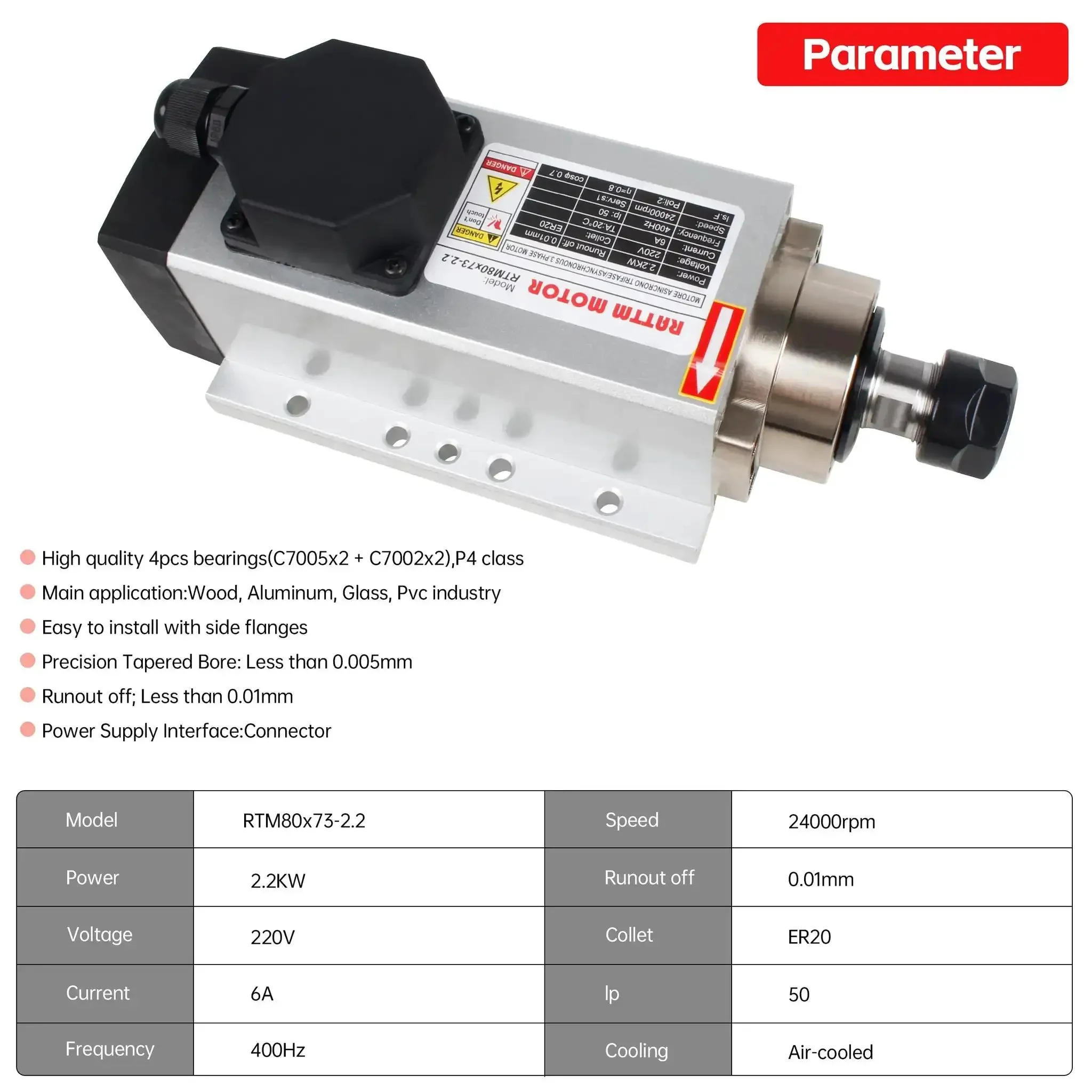 Square Two Point Two Kilowatt 220V Air Cooled CNC Spindle Motor Kit With ER20 Collet And VFD Drive For CNC Router Machine High Precision Four Hundred Hertz Spindle Ultra Low Runout Beefed Up Performance - Image 8