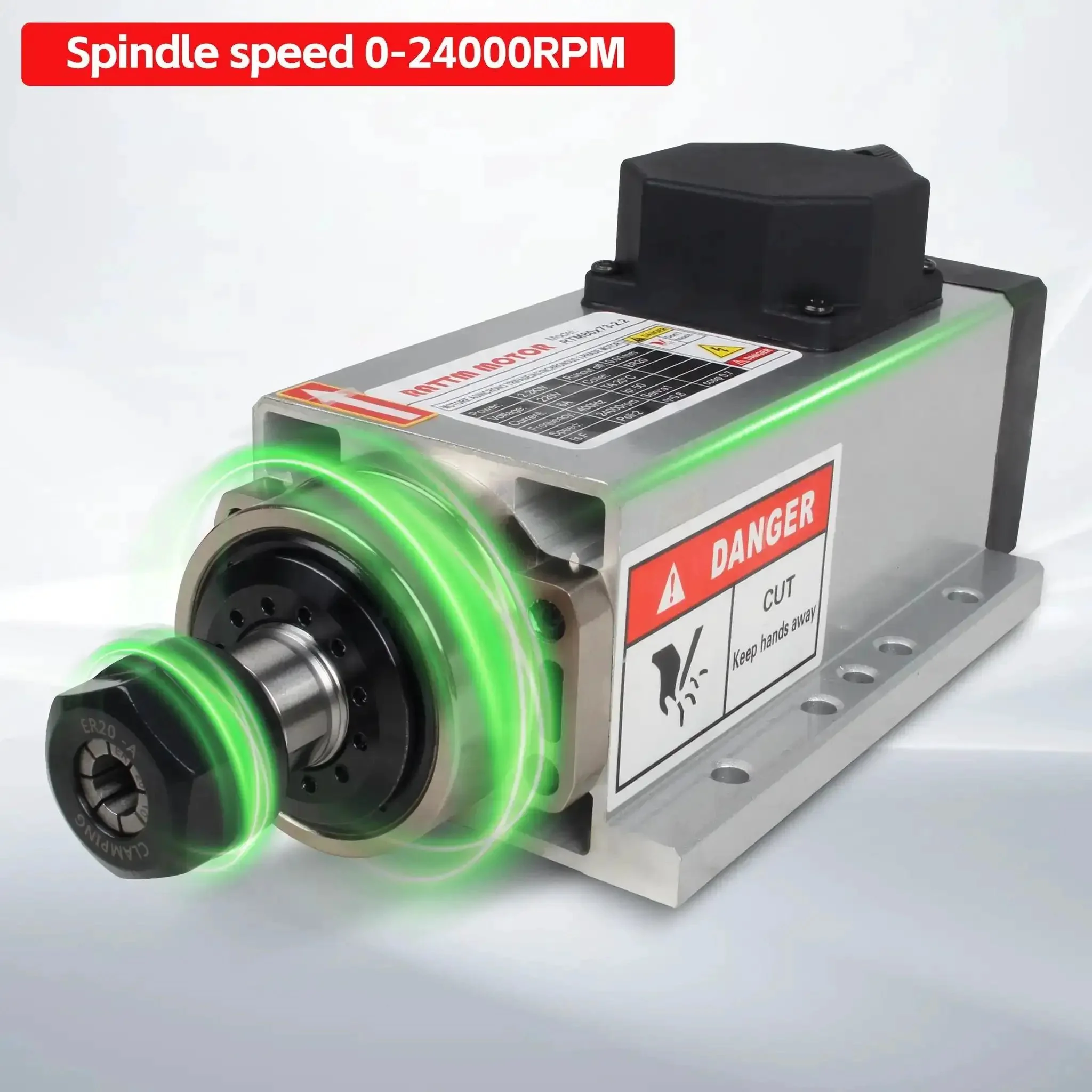 Square Two Point Two Kilowatt 220V Air Cooled CNC Spindle Motor Kit With ER20 Collet And VFD Drive For CNC Router Machine High Precision Four Hundred Hertz Spindle Ultra Low Runout Beefed Up Performance - Image 9