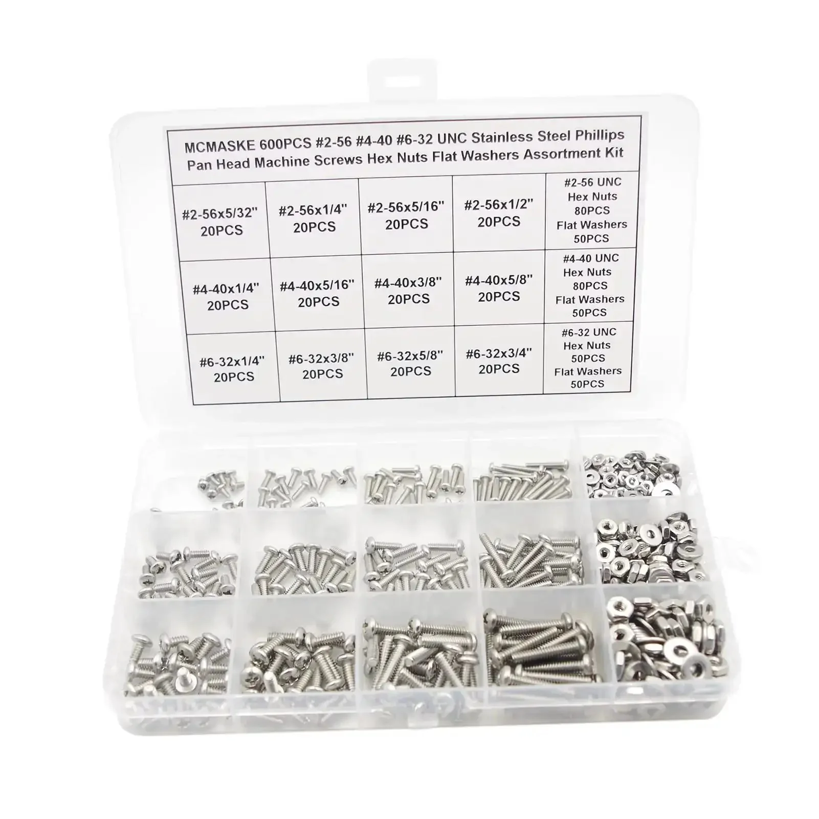 Stainless Steel 304 Phillips Pan Head Screws Set With Hex Nuts And Flat Washers, Coarse Thread, Sizes 2 56, 4 40, 6 32 UNC, 600 Pieces, Handy DIY Hardware Kit For Repairs And Projects