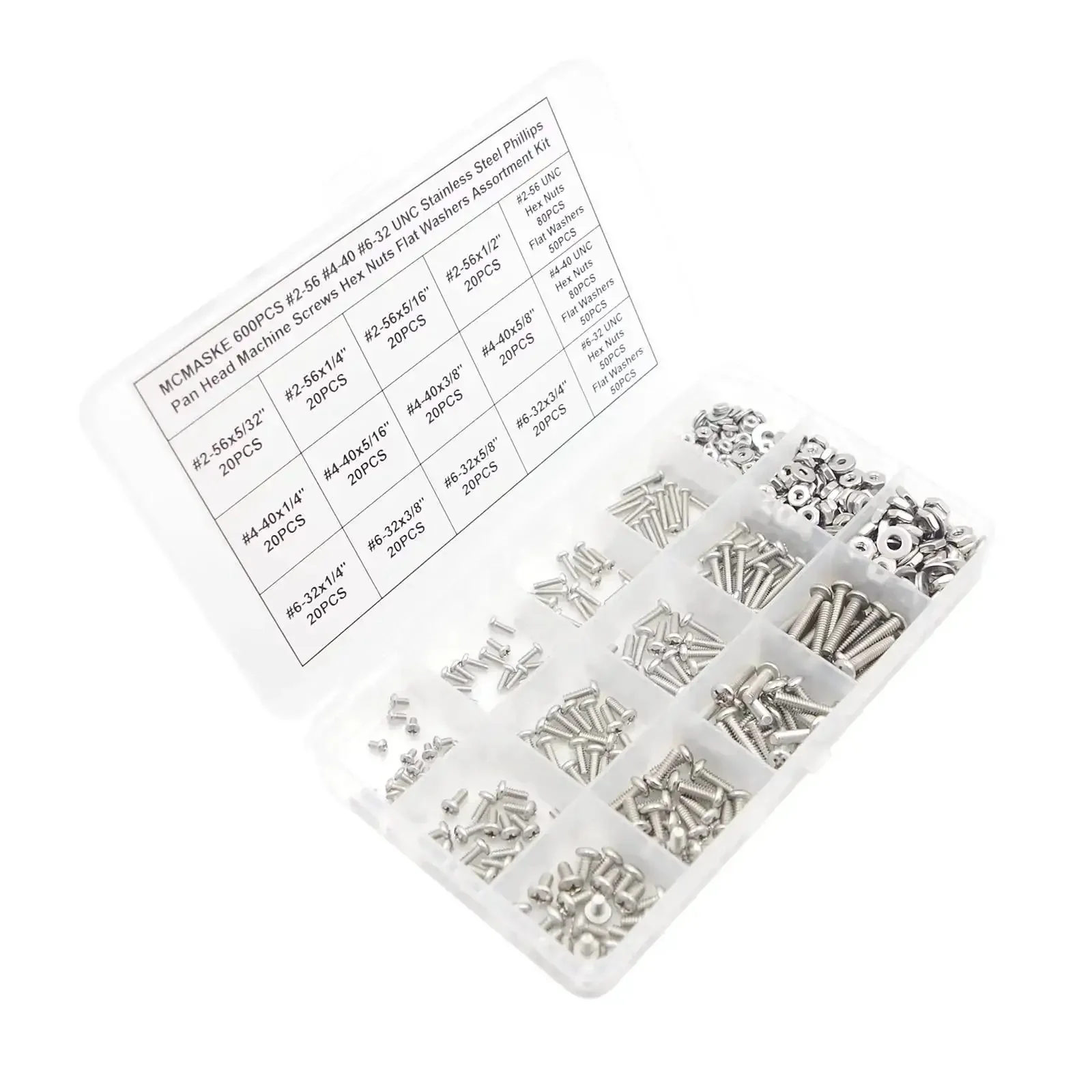 Stainless Steel 304 Phillips Pan Head Screws Set With Hex Nuts And Flat Washers, Coarse Thread, Sizes 2 56, 4 40, 6 32 UNC, 600 Pieces, Handy DIY Hardware Kit For Repairs And Projects - Image 5