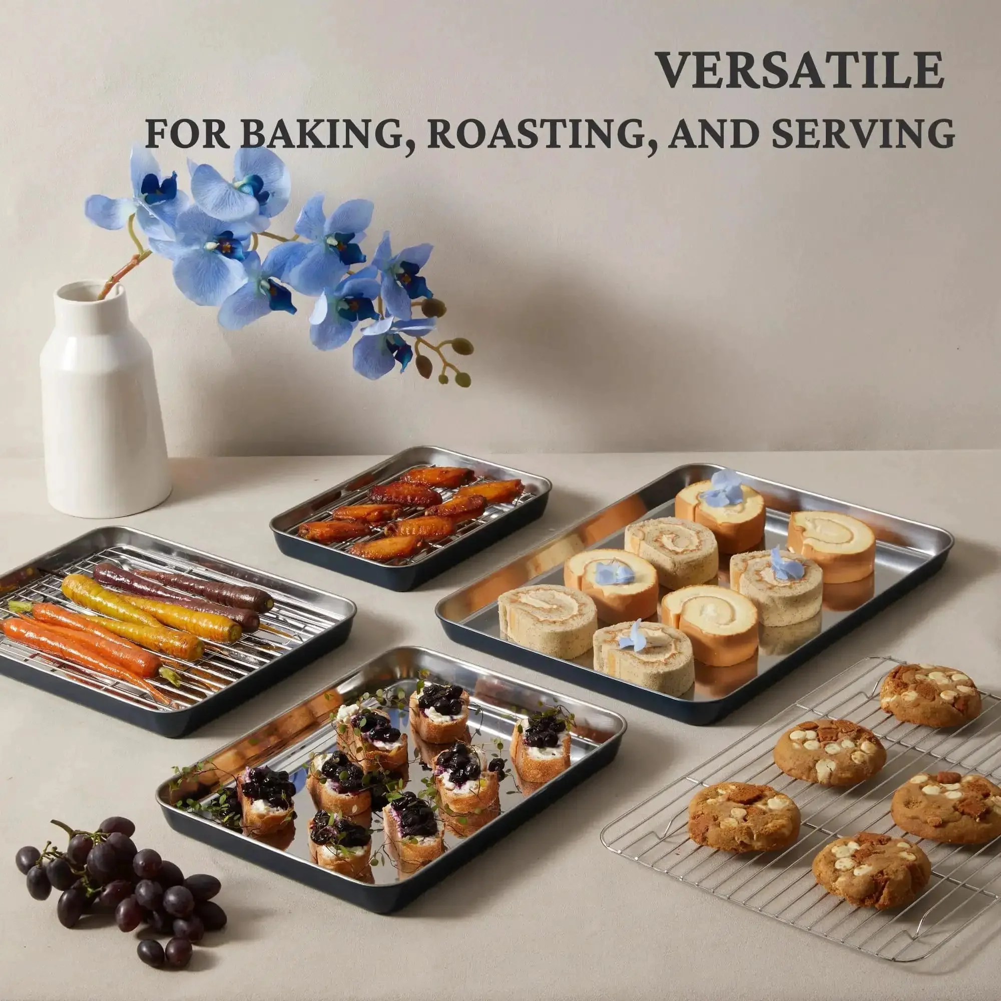 Stainless Steel Baking Sheet Set With Wire Racks Includes 3 Pans And 3 Racks In 9 12 16 Inch Sizes Non Toxic PFOA PTFE Free Warp Resistant Durable Oven And Toaster Safe Navy Finish For Go To Everyday Baking - Image 7