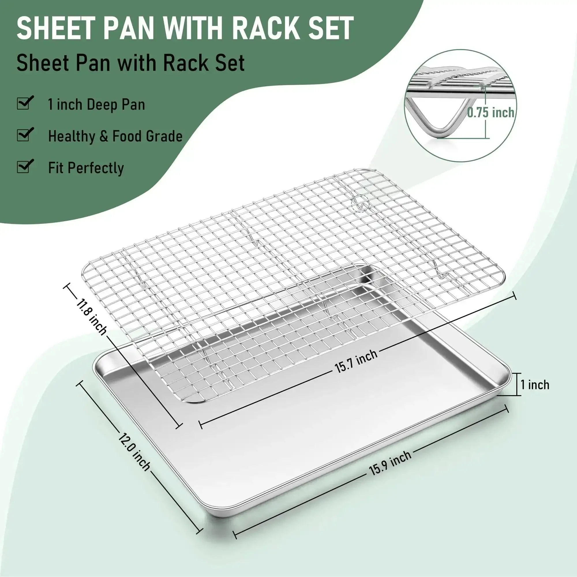 Stainless Steel Baking Sheet With Wire Rack Set 16 Inch By 12 Inch Pan And Cooling Rack For Oven Cookie Roast Jelly Roll Style No Coating Rust Resistant Dishwasher Safe - Image 9