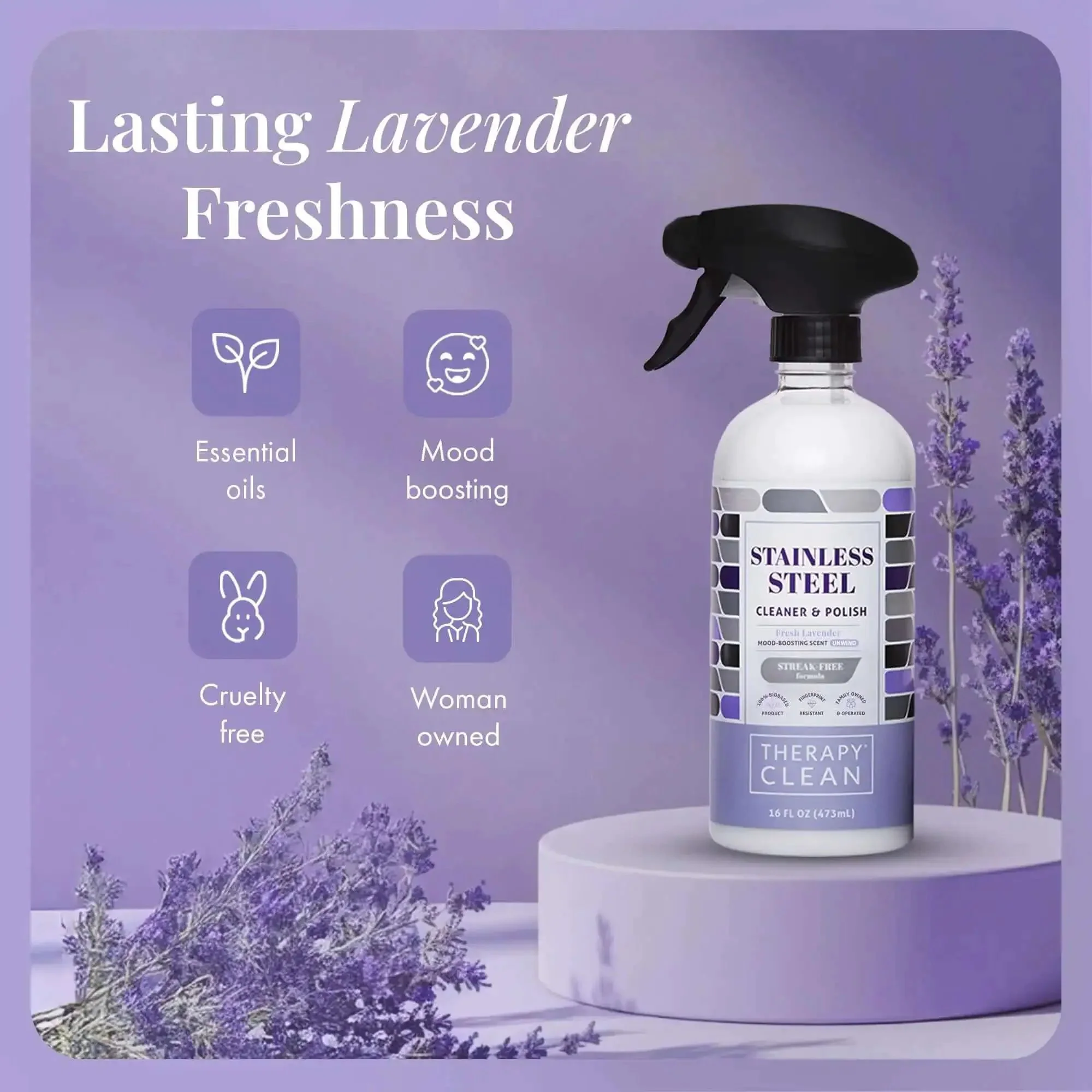 Stainless Steel Cleaner And Polish Bundle With USDA Biobased Formula, Fingerprint And Residue Remover, Lavender Scent, Includes 16 Oz Bottle And Premium 16 By 16 Inch Microfiber Cloth For Sink And Grill - Image 3