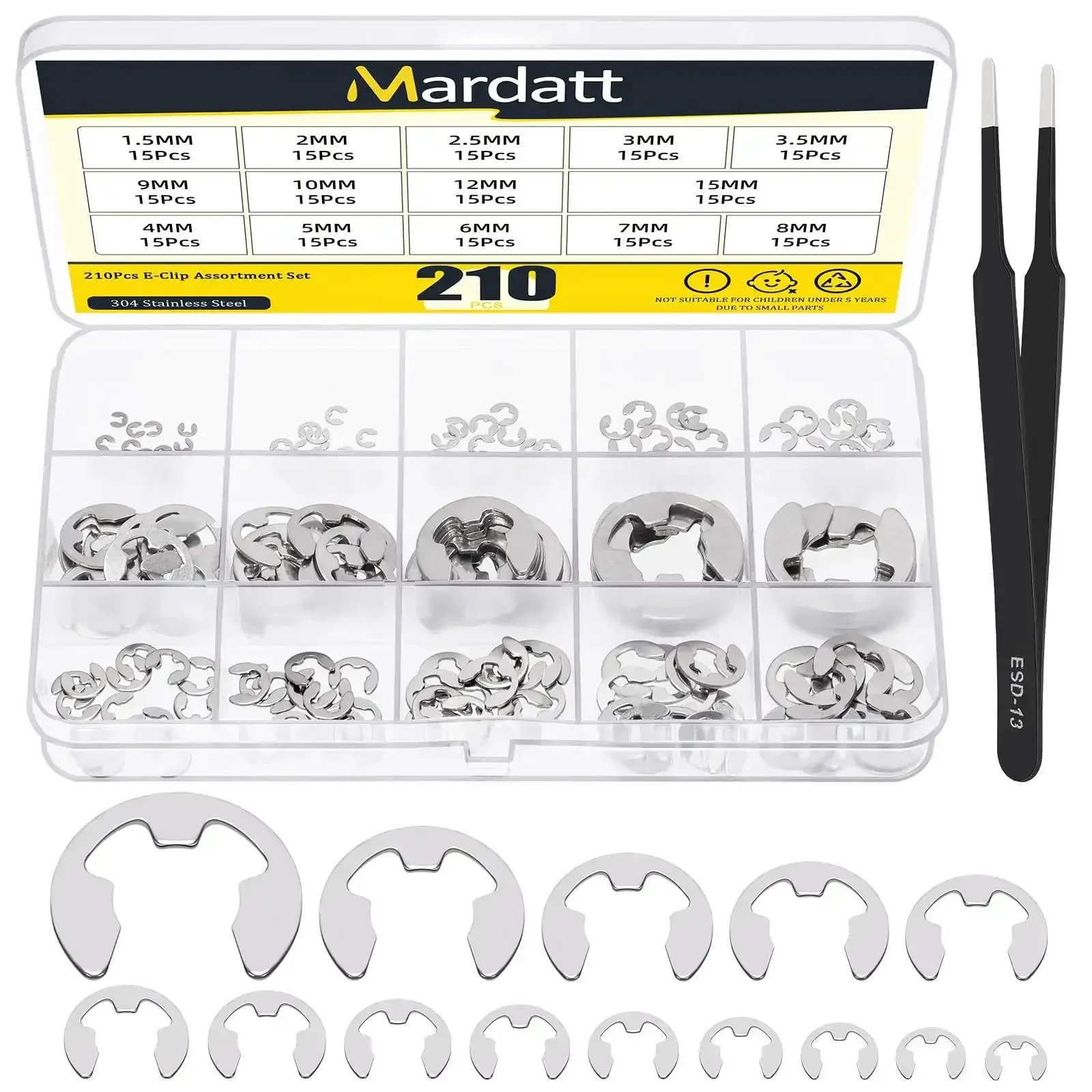 Stainless Steel E Clip Assortment Kit With 14 Sizes For DIY And Mechanical Repairs External Retaining Rings In 1.5 To 15 Mm 211 Pieces With Tweezers And Storage Box Great For Auto Bike Machinery And Hobby Shop Projects
