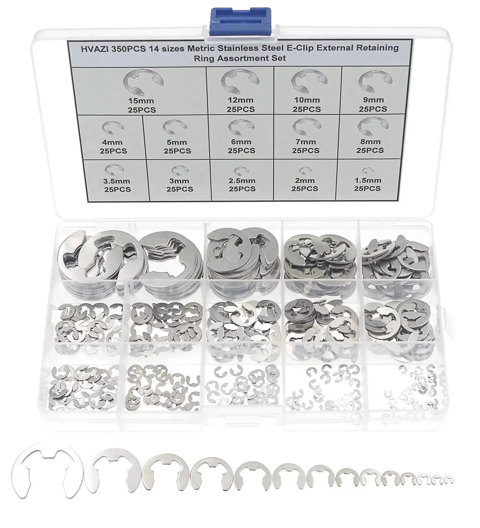 Stainless Steel External Retaining Ring E Clip Assortment Kit, 14 Sizes, 350 Pieces, Metric Circlips Set for Automotive, Machinery, and DIY Projects, Tapered Section Rings