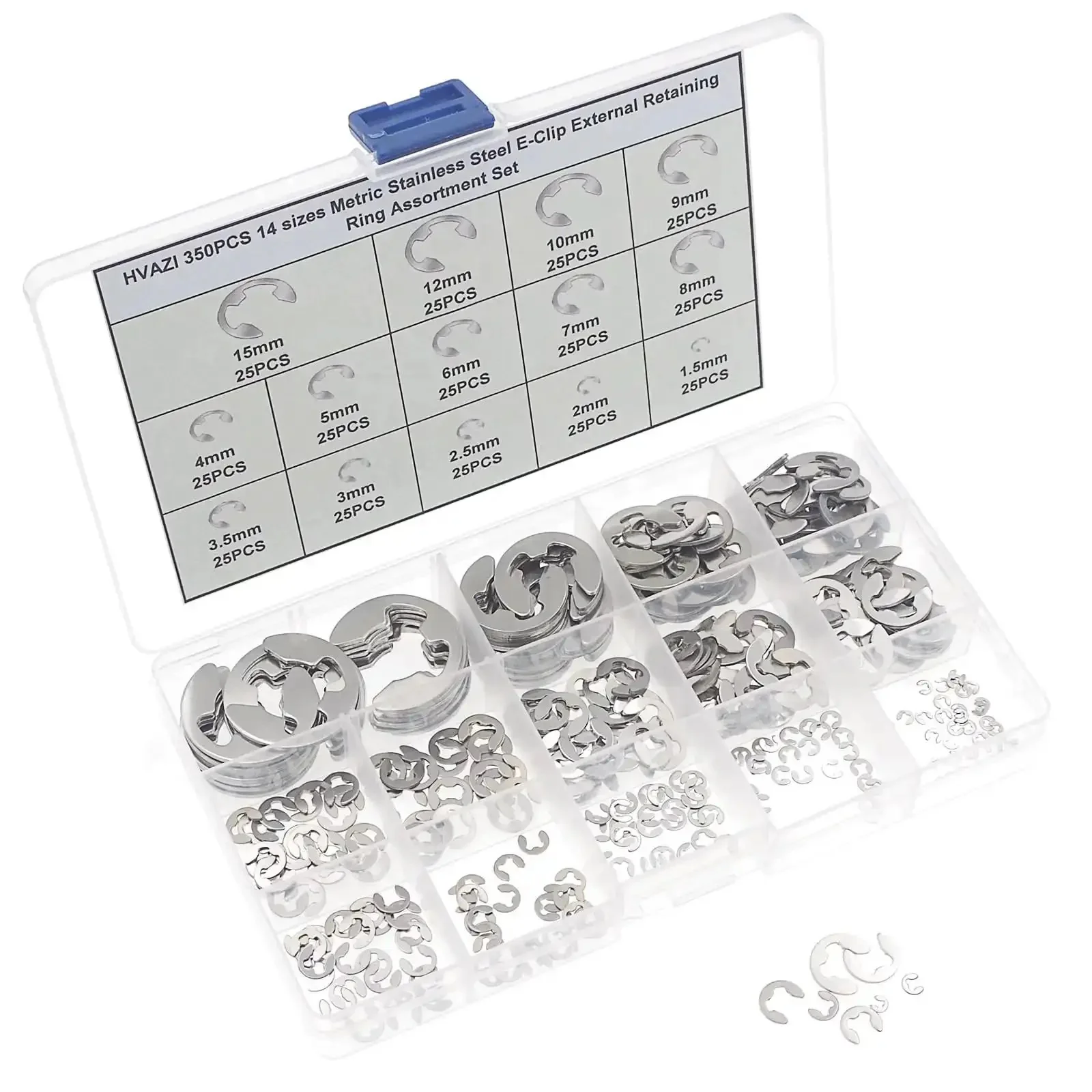Stainless Steel External Retaining Ring E Clip Assortment Kit, 14 Sizes, 350 Pieces, Metric Circlips Set for Automotive, Machinery, and DIY Projects, Tapered Section Rings - Image 3