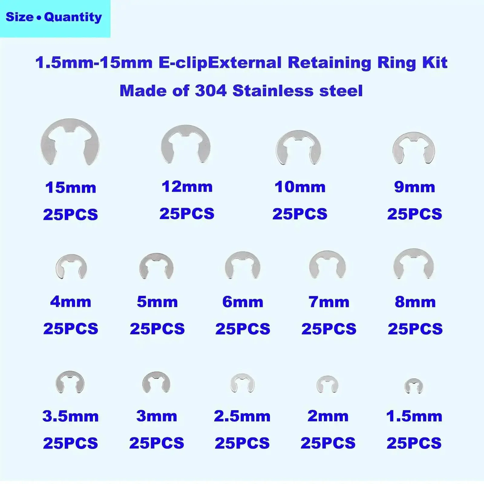 Stainless Steel External Retaining Ring E Clip Assortment Kit, 14 Sizes, 350 Pieces, Metric Circlips Set for Automotive, Machinery, and DIY Projects, Tapered Section Rings - Image 5
