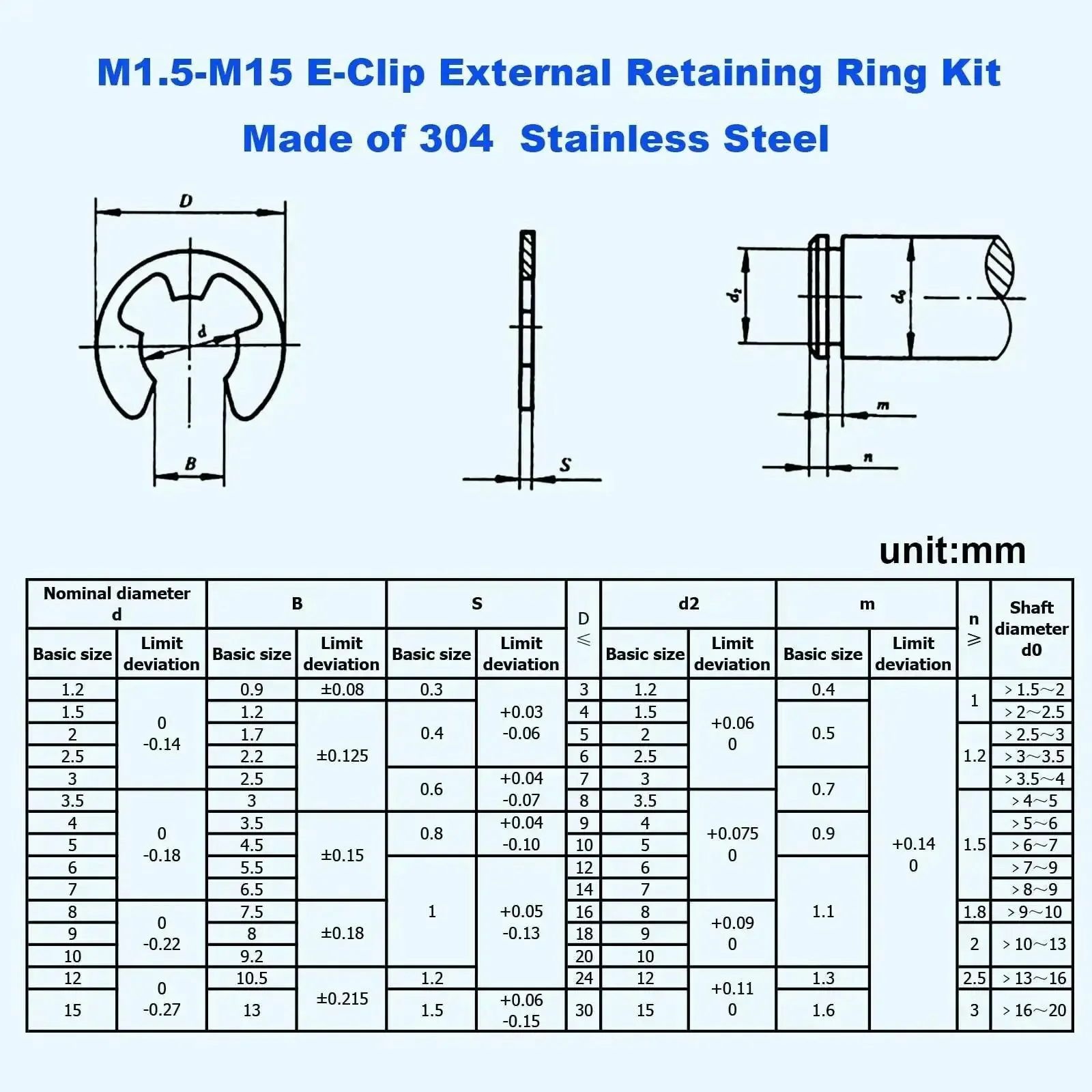 Stainless Steel External Retaining Ring E Clip Assortment Kit, 14 Sizes, 350 Pieces, Metric Circlips Set for Automotive, Machinery, and DIY Projects, Tapered Section Rings - Image 6