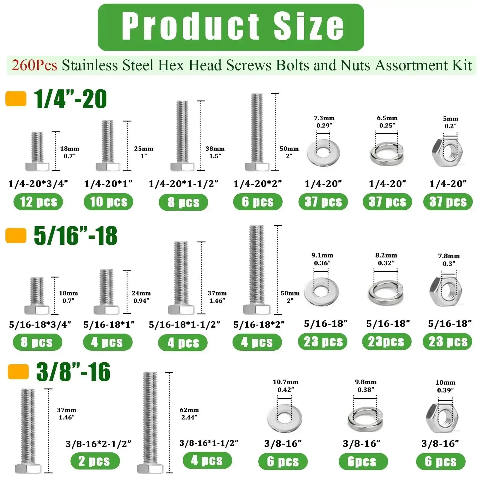 Stainless Steel Hex Bolts Nuts And Washers Kit 260 Piece Set With Flat And Lock Washers Case Included For 1/4-20 5/16-18 And 3/8-16 Full Thread Heavy Duty Hardware DIY Projects - Image 6