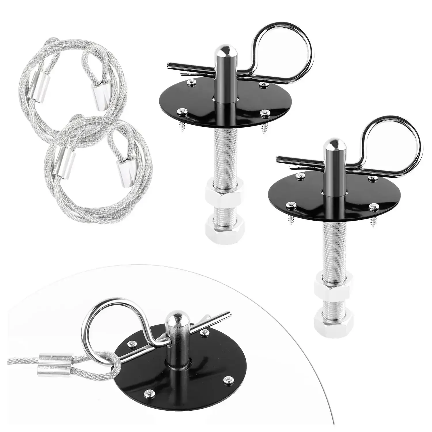 Stainless Steel Hood Pin Lock Clip With Racing Lanyard For Beefed Up Hood Fixing And Reducing Shake On Cars Trucks And SUVs Universal Exterior Accessories Black