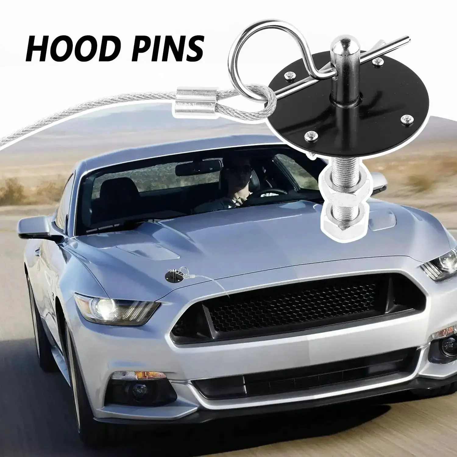 Stainless Steel Hood Pin Lock Clip With Racing Lanyard For Beefed Up Hood Fixing And Reducing Shake On Cars Trucks And SUVs Universal Exterior Accessories Black - Image 2