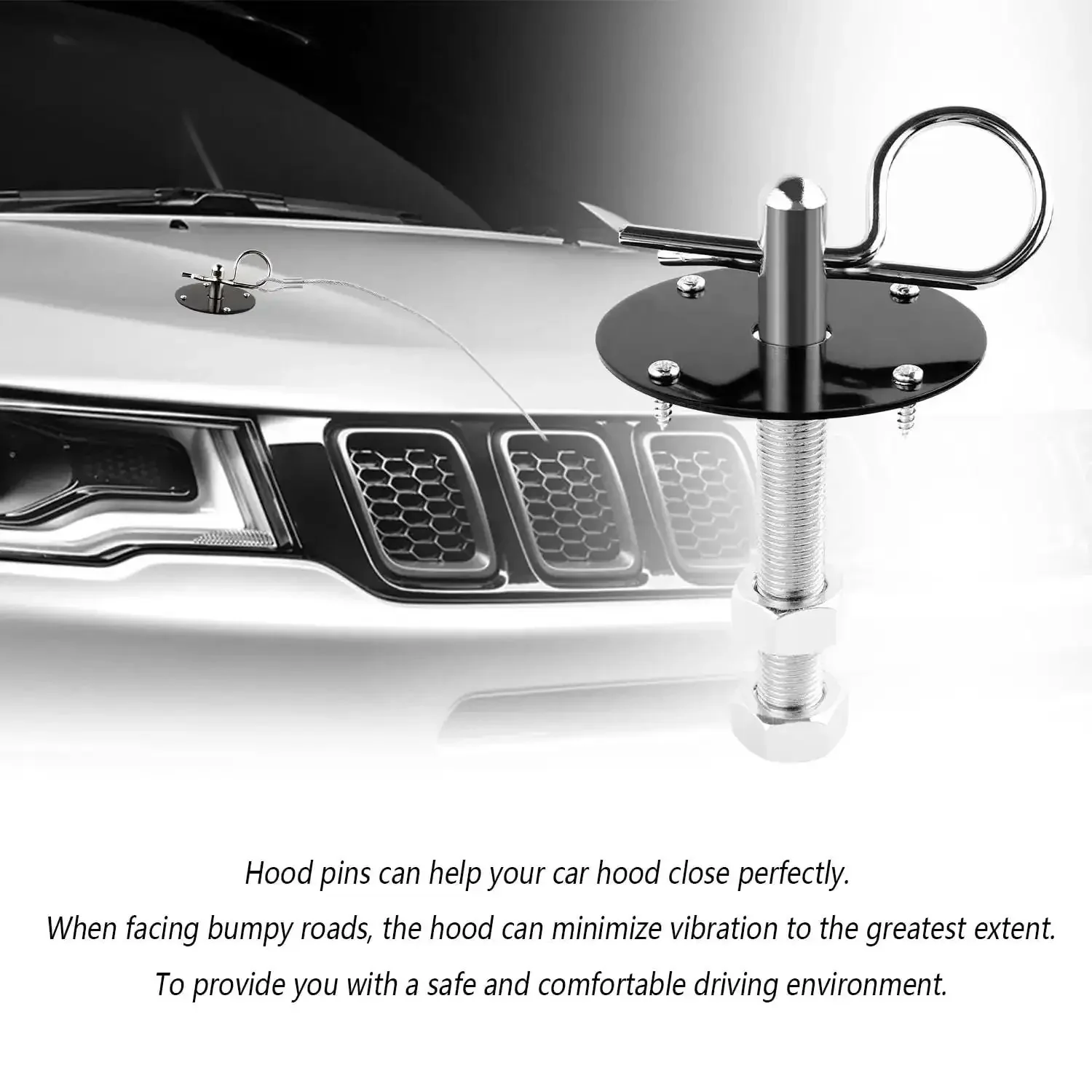 Stainless Steel Hood Pin Lock Clip With Racing Lanyard For Beefed Up Hood Fixing And Reducing Shake On Cars Trucks And SUVs Universal Exterior Accessories Black - Image 3