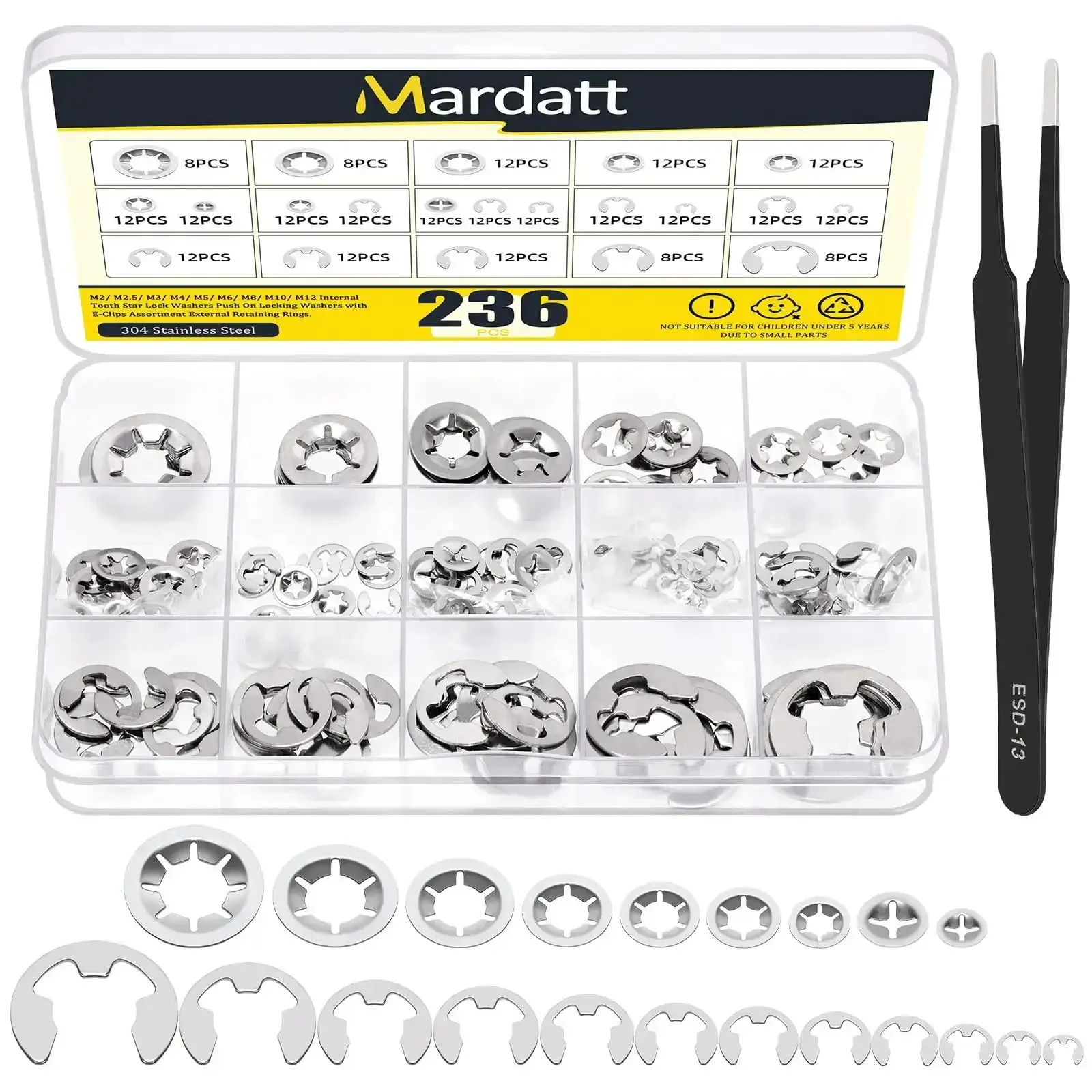 Stainless Steel Internal Tooth Star Lock Washers And E Clip Assortment Set For Metric Sizes M2 To M12 With External Retaining Rings 1.5mm To 15mm 136 E Clips In 12 Sizes And 100 Internal Tooth Star Lock Washers In 9 Sizes Pro Grade Fastener Kit