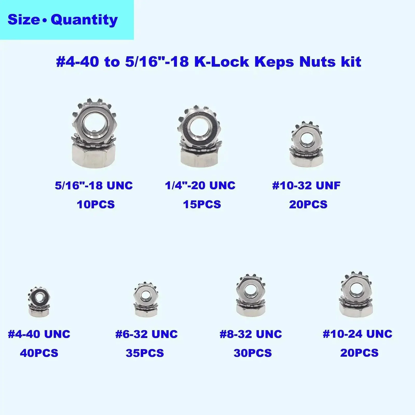 Stainless Steel Keps Nuts With K-Lock Lock Washers And Tooth Washers Hex Nuts Assortment Kit 170 Pieces Sizes 4-40 To 5/16-18 UNC 304/420 Stainless For DIY And Pro Hardware Projects - Image 6
