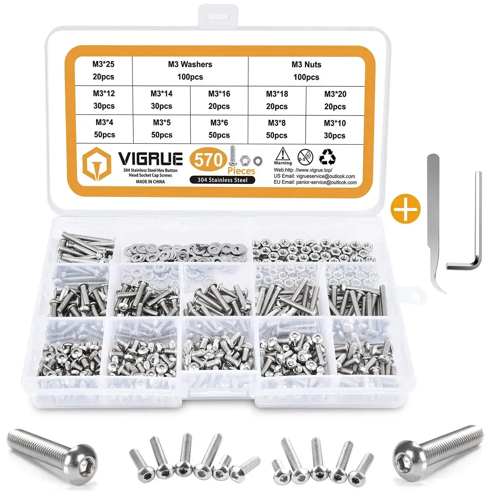 Stainless Steel M3 Button Head Socket Cap Screws Bolts Nuts And Flat Washers 570 Piece Assortment Kit With 11 Lengths From 4mm To 25mm Fully Threaded Hex Drive Rust Resistant For DIY Projects And Repairs