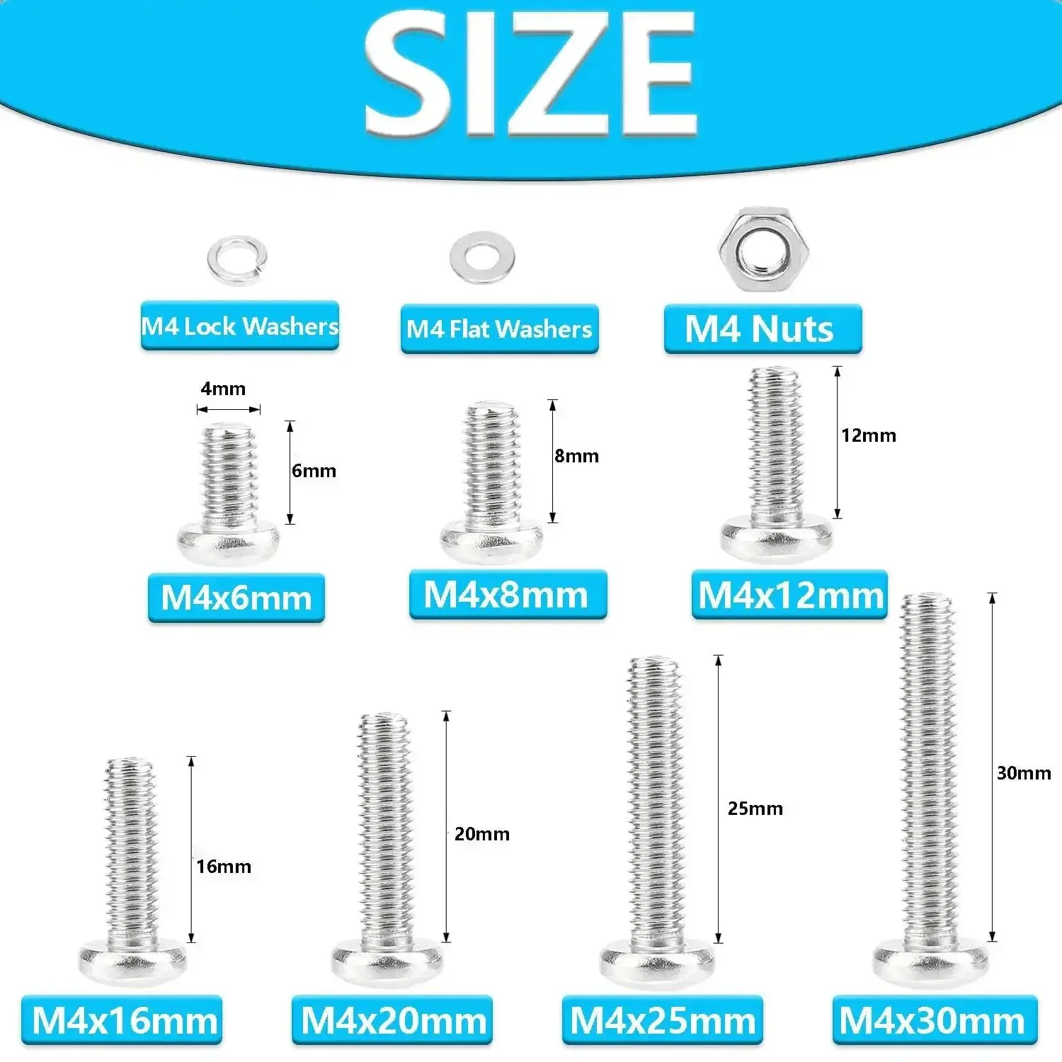 Stainless Steel M4 Phillips Pan Head Machine Screw Set, 370 Pieces, 7 Sizes From 6mm To 30mm With Nuts, Flat Washers, And Lock Washers, A Handy DIY Pro Grade Kit For Projects, Electronics, And Home Repairs - Image 6