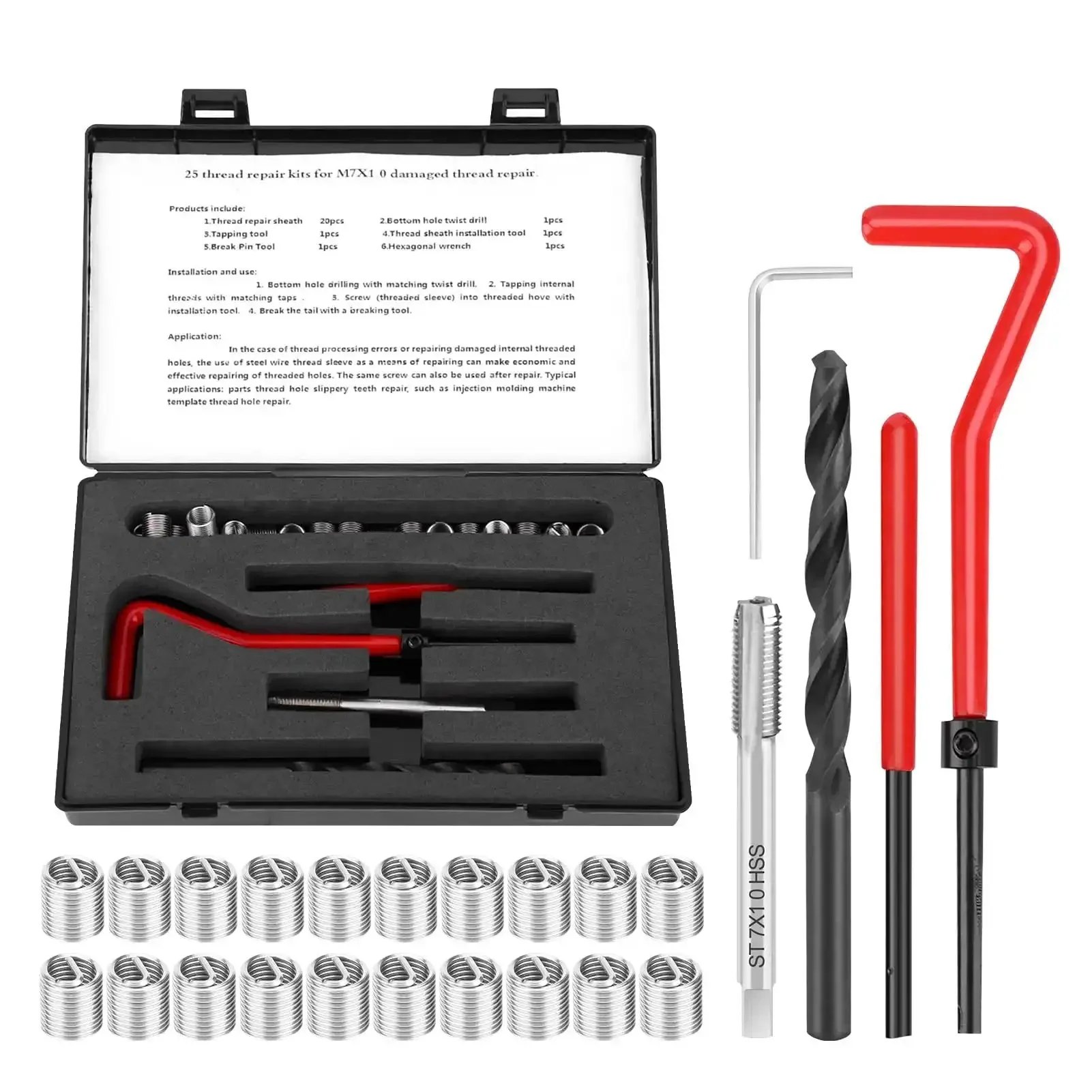 Stainless Steel M7x1 Thread Repair Kit With Twisted Drill And Insertion Tool Twenty Five Piece Set Of Threaded Inserts For Stripped Holes And Damaged Threads DIY Pro Grade Wrench Style Repair