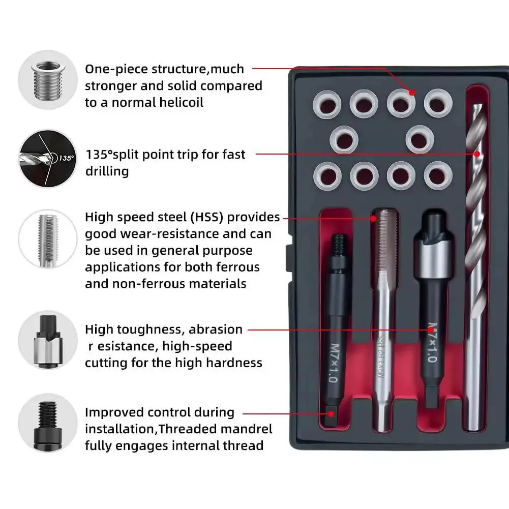 Stainless Steel M7x1.0 Thread Repair Kit With Inserts, Drill, Tap, Counterbore And Installation Driver, 10 Pieces, Beefs Up Stripped Threads With Durable, Reusable Internal Threads In Metal - Image 7