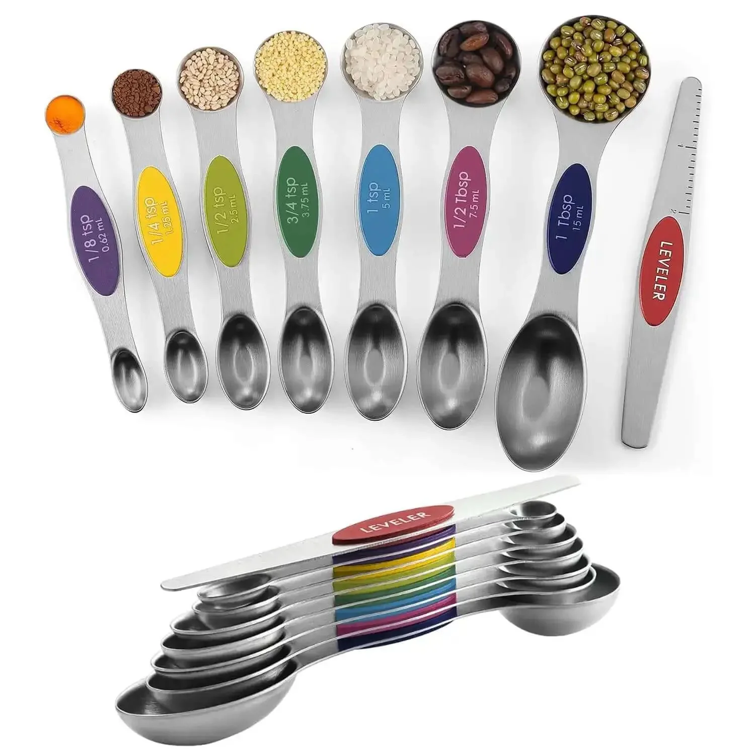 Stainless Steel Magnetic Measuring Spoons Set Eight Piece Dual Sided And Stackable Teaspoon And Tablespoon Measures With Leveler Adjustable For Precise Cooking And Baking Kitchen Gadgets