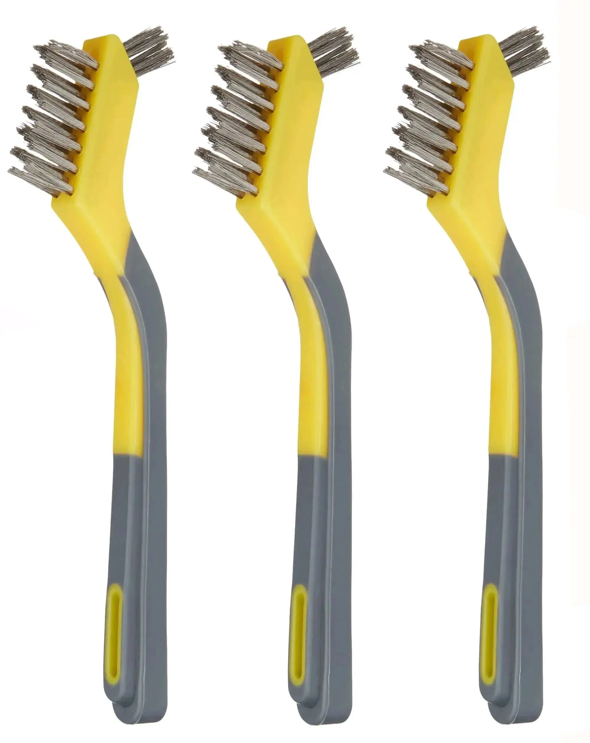 Stainless Steel Mini Wire Brush Set For Paint Removal And Rust Cleanup Crevice Cleaning With Soft Grip Ergonomic Handle Includes 3 Pack In Grey And Yellow For Tight Spaces And Fast Scrub On Surfaces