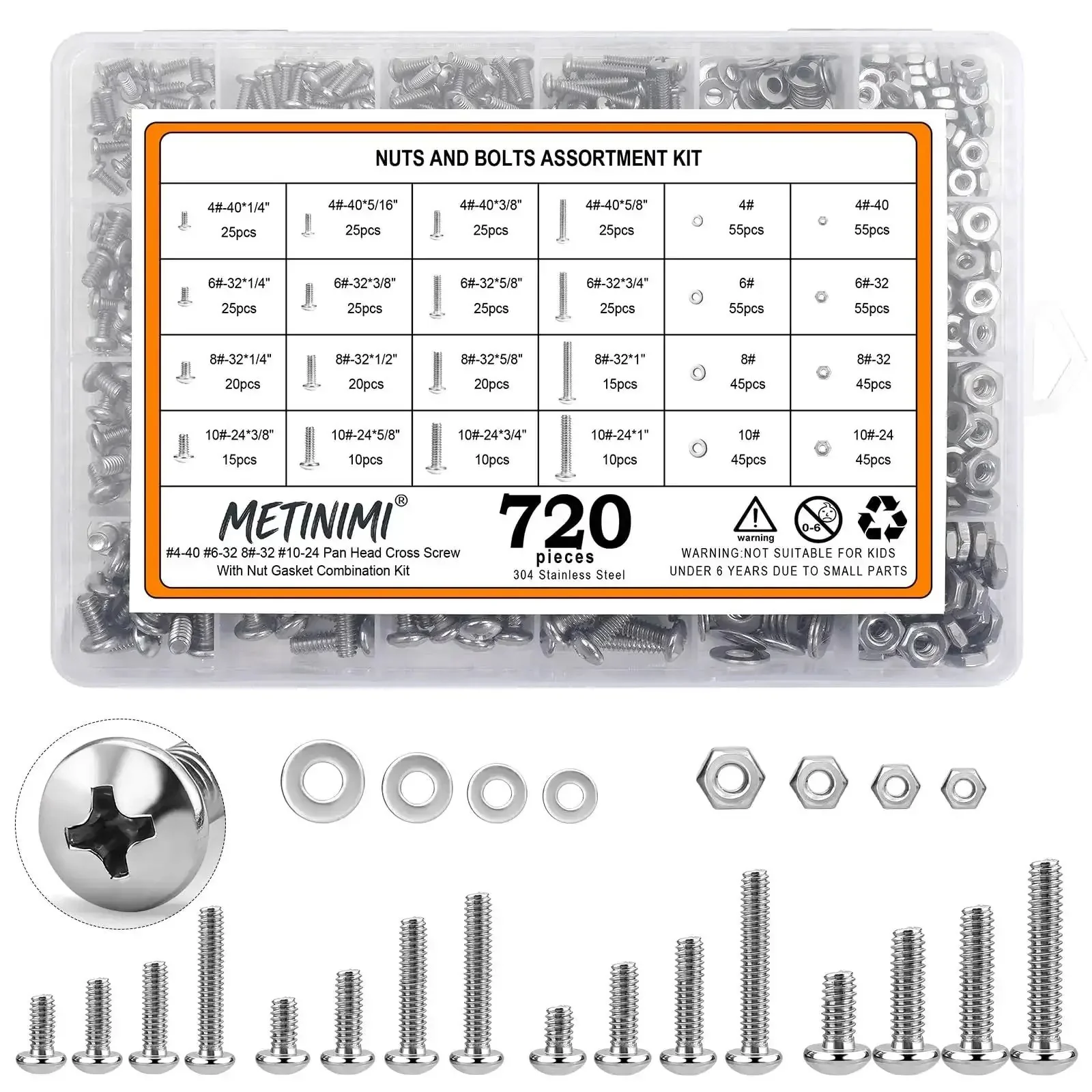 Stainless Steel Nuts And Bolts Kit With 720 Pieces Of Phillips Pan Head Screws Nuts And Flat Washers In Case For DIY Projects And Repairs Sizes 10 24 8 32 6 32 4 40 Heavy Duty Outdoor Grade Hardware Assortment