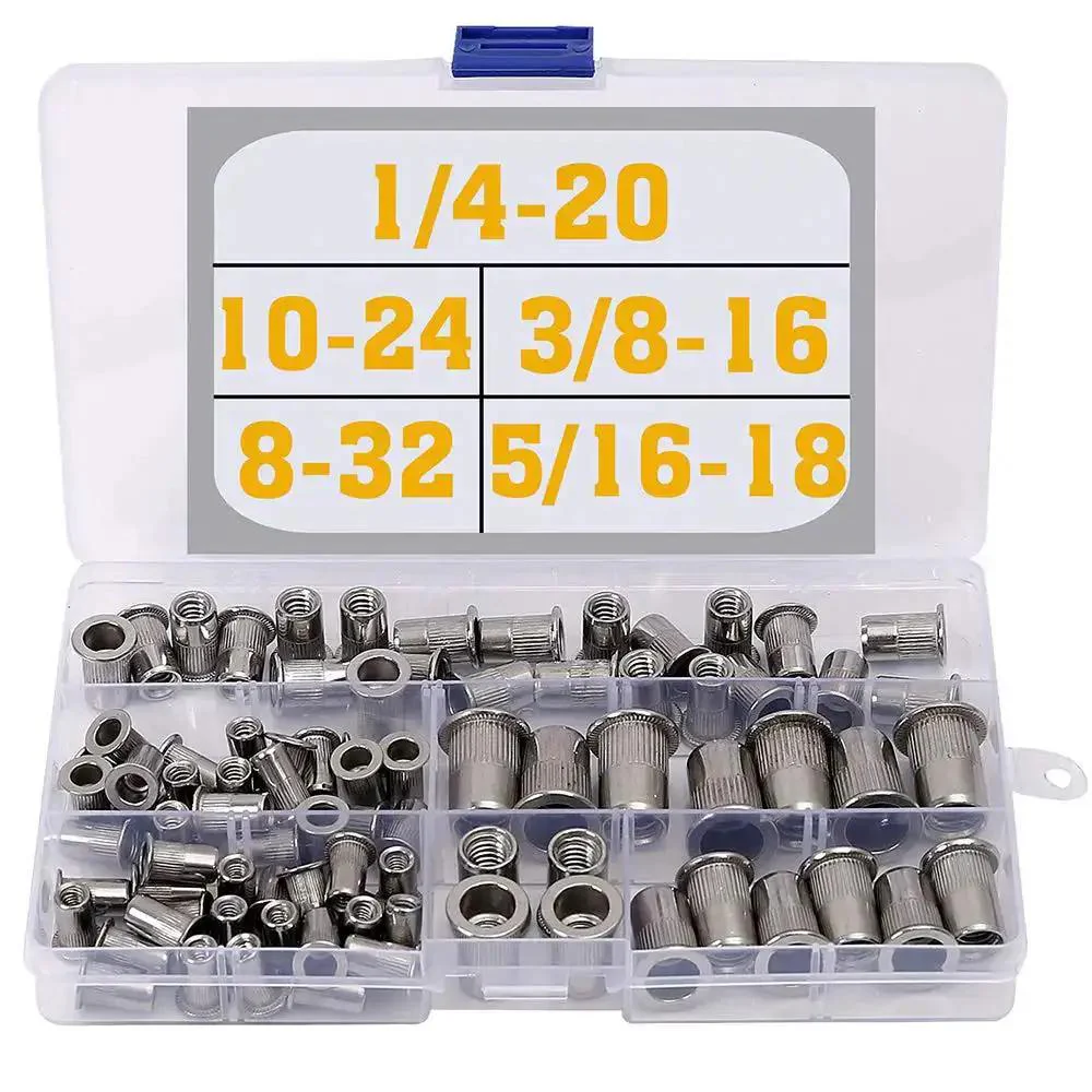 Stainless Steel Rivet Nuts Kit 77 Pcs Five Sizes 8-32 10-24 1/4-20 5/16-18 3/8-16 Threaded Insert Nutserts Rivnuts For Automotive DIY Projects Perfect For Automotive And Machinery Repairs And Metal Fabrication