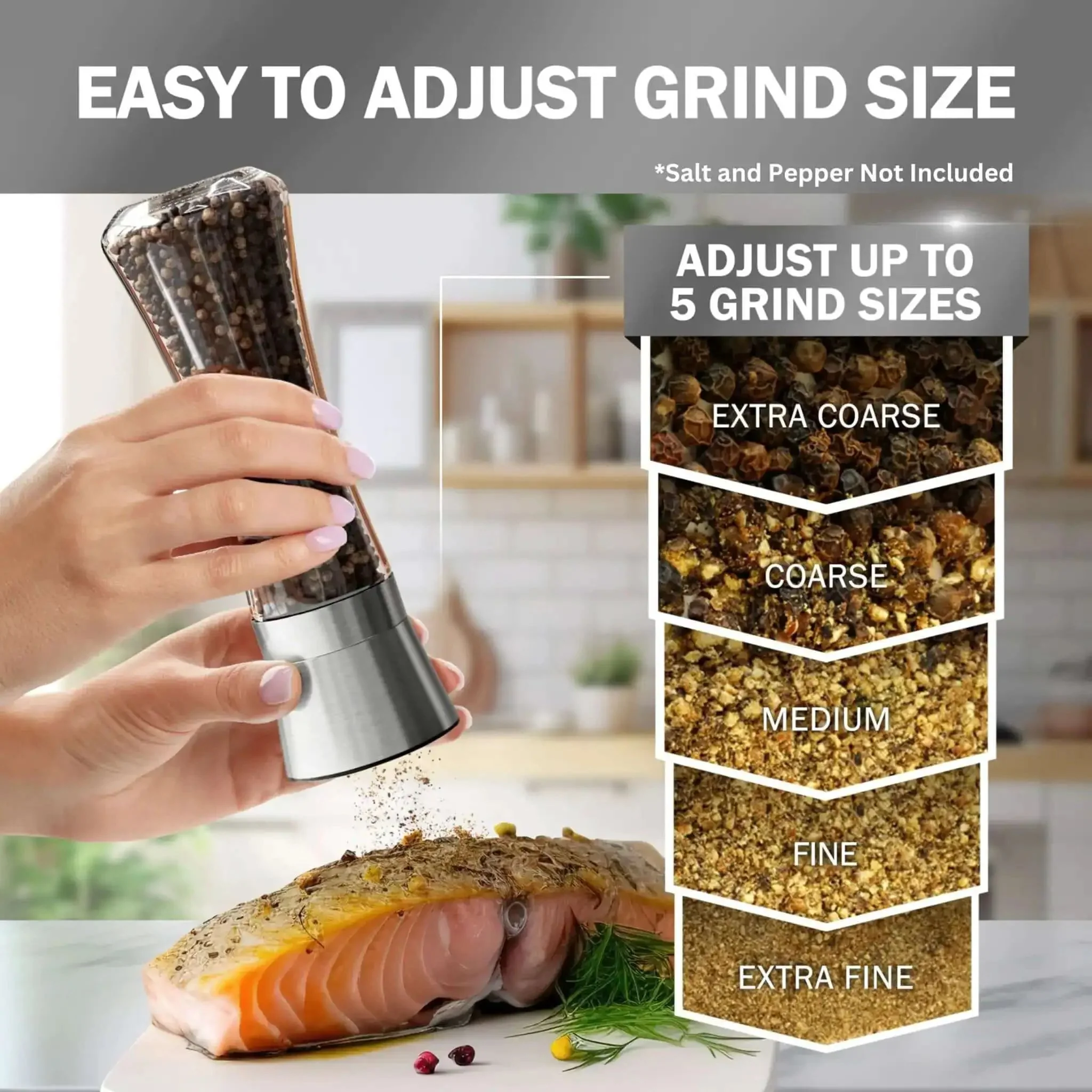 Stainless Steel Salt And Pepper Grinder Set Of 2 With Adjustable Ceramic Mills, Tall Clear Glass Shakers For Your Kitchen, A Real Workhorse Spice Mill Includes Funnel And Handy EBook - Image 8