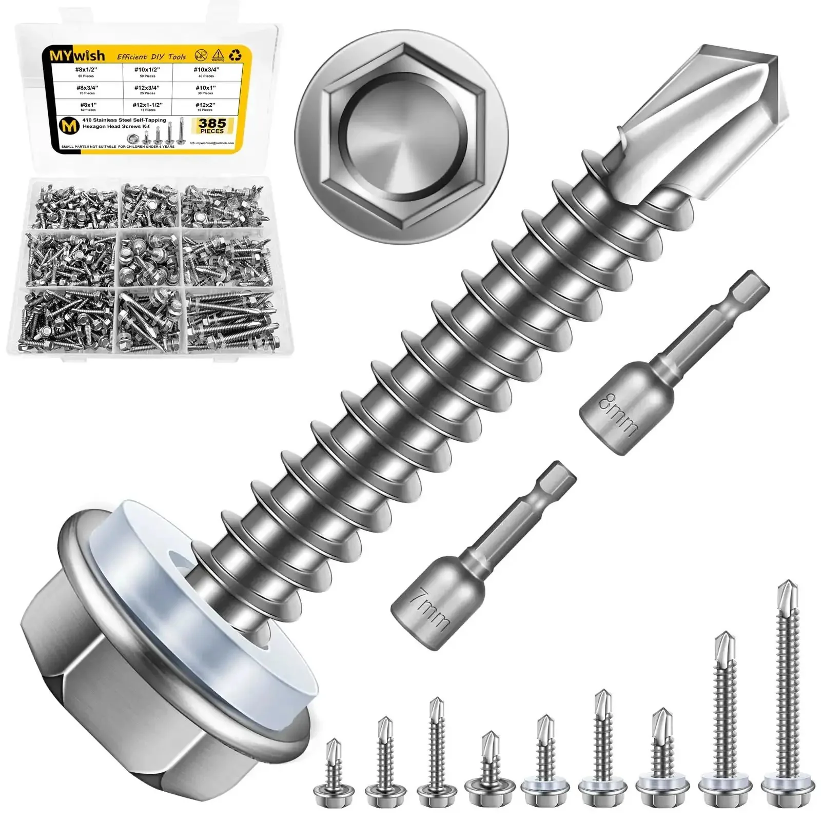 Stainless Steel Self Tapping Screws Kit For Metal Heavy Duty 385-Piece Hex Head Self Drilling Set Sizes 8, 10, 12 With One Half To Two Inch Lengths Includes Extra Cross Drilled Tail High-Strength Sheet Metal Screws