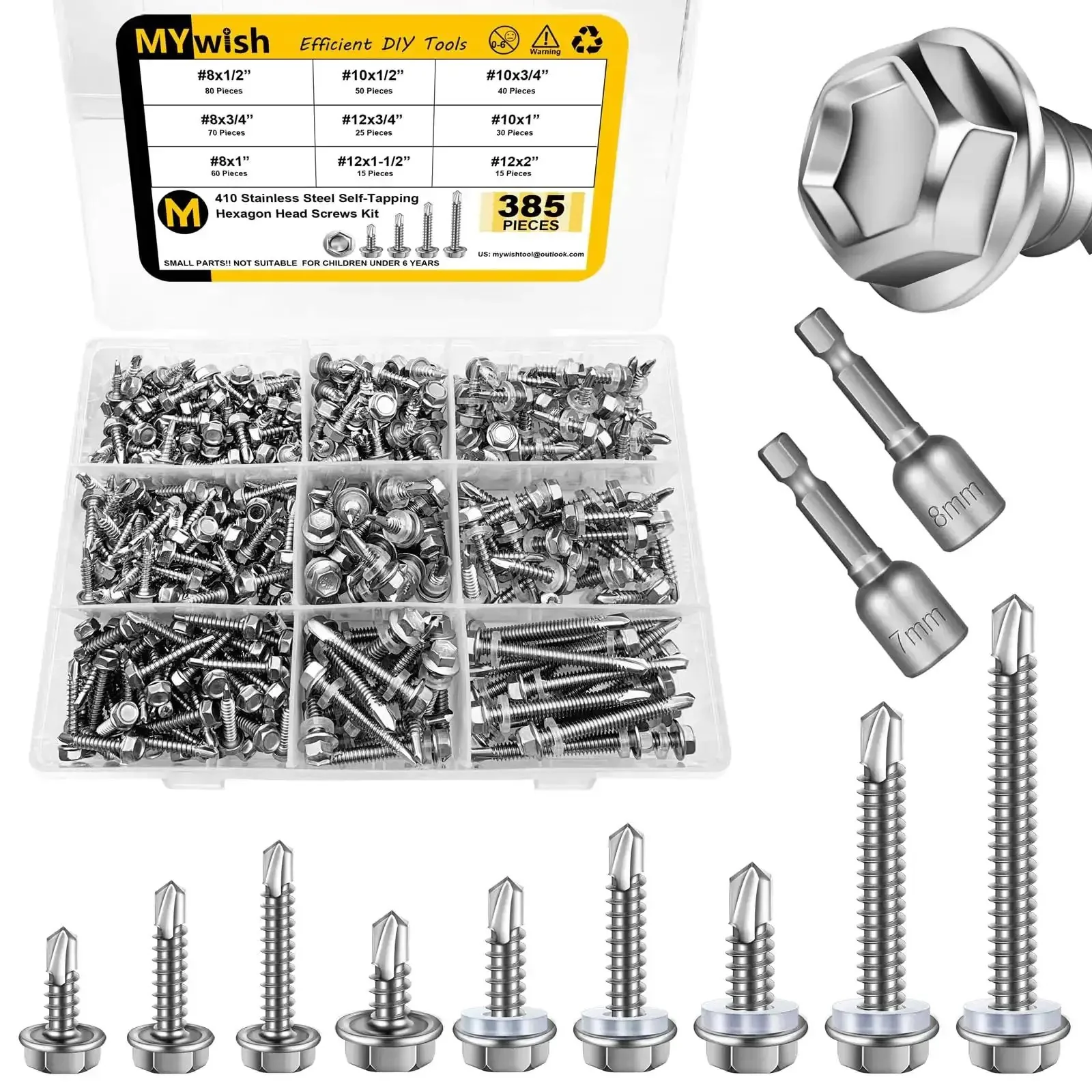Stainless Steel Self Tapping Screws Kit For Metal Heavy Duty 385-Piece Hex Head Self Drilling Set Sizes 8, 10, 12 With One Half To Two Inch Lengths Includes Extra Cross Drilled Tail High-Strength Sheet Metal Screws - Image 5