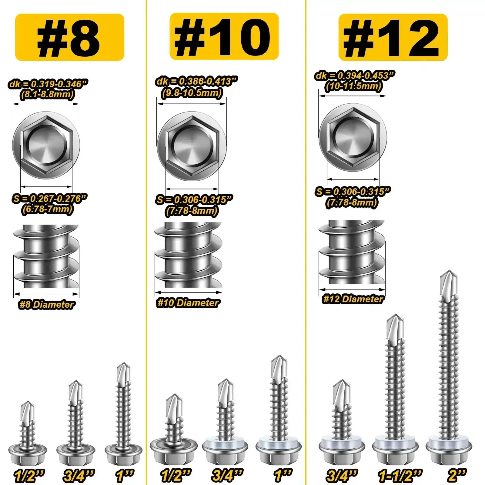 Stainless Steel Self Tapping Screws Kit For Metal Heavy Duty 385-Piece Hex Head Self Drilling Set Sizes 8, 10, 12 With One Half To Two Inch Lengths Includes Extra Cross Drilled Tail High-Strength Sheet Metal Screws - Image 6