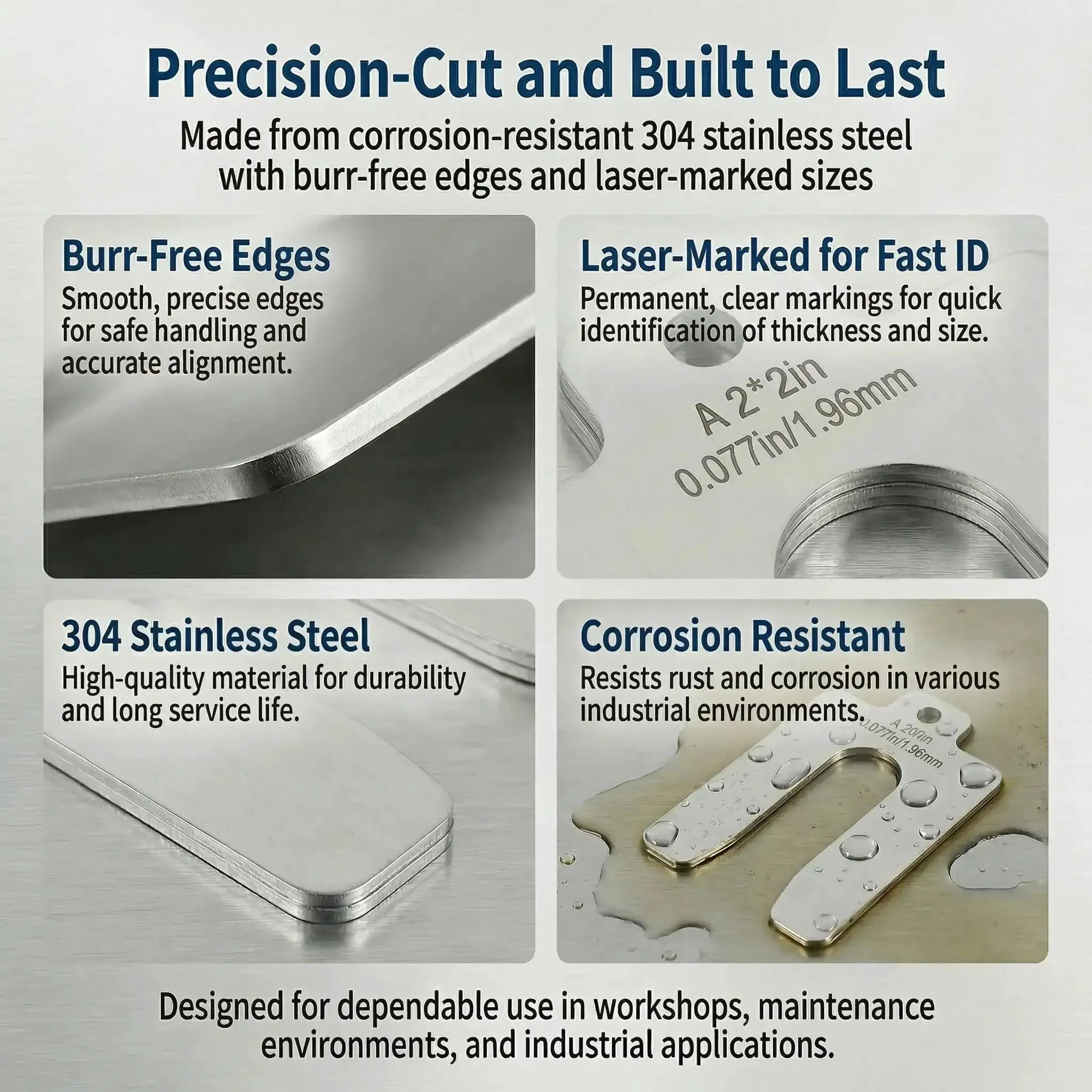 Stainless Steel Shim Kit Set For DIY Pros, 60 Slotted 2x2 Shims, 6 Thicknesses For Machine Leveling, Motor Alignment, And Equipment Adjustment, Laser Marked Sizes With Handy Storage Case - Image 5