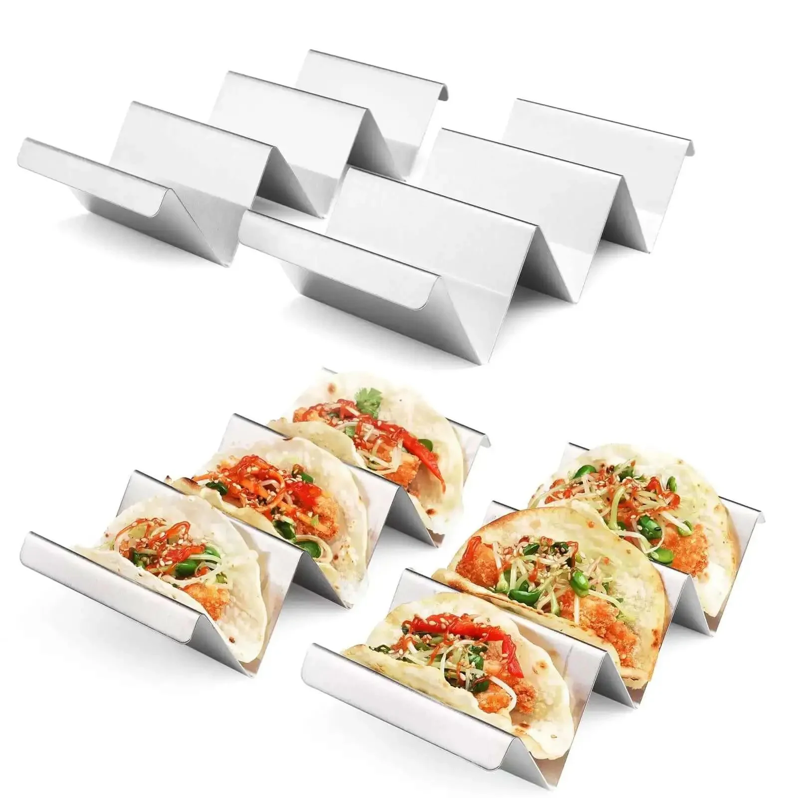 Stainless Steel Taco Holders 4 Pack, Durable Taco Stand Rack Tray Style, Oven Safe for Baking, Dishwasher and Grill Safe, Fits Street Tacos and Large Tortillas for Easy Taco Night