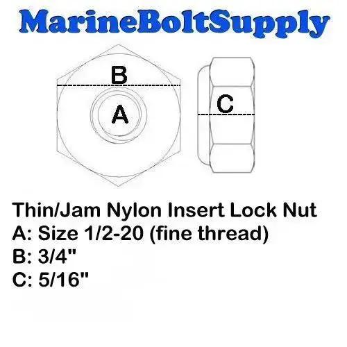 Stainless Steel Thin Jam Nylon Insert Lock Nuts 1/2-20 Pack Of 10 For Marine And Industrial Use 18-8 Stainless Steel Rust Resistant Half Thickness Lock Nuts With Nylon Insert For Vibration Locking - Image 2