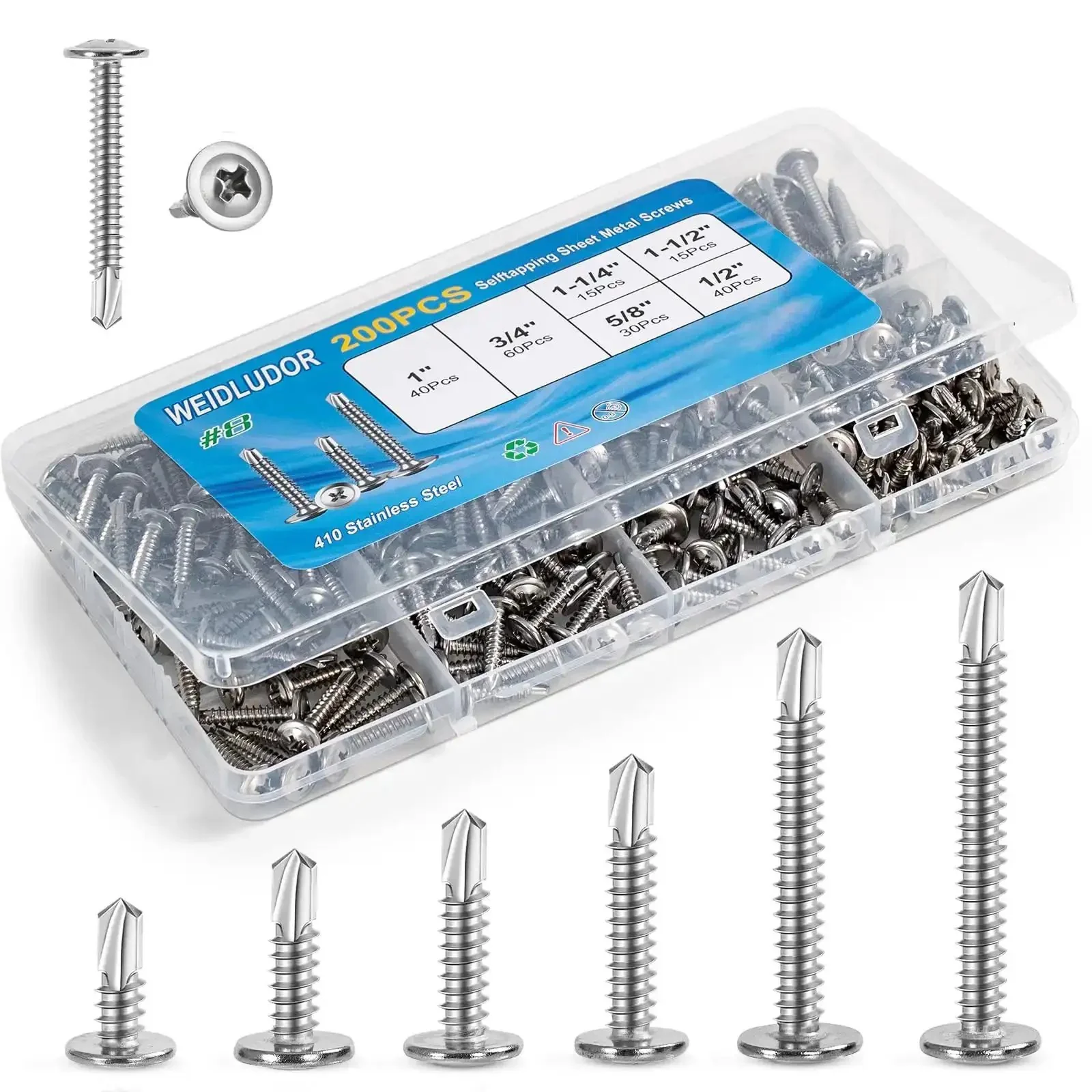 Stainless Steel Workhorse Self Drilling Screws Kit With Number 8 Truss Head Self Tapping Screws For Sheet Metal Auto And Roofing 200 Piece Assortment Includes Half Inch To One And A Half Inch Sizes Durable Corrosion Resistant Fasteners