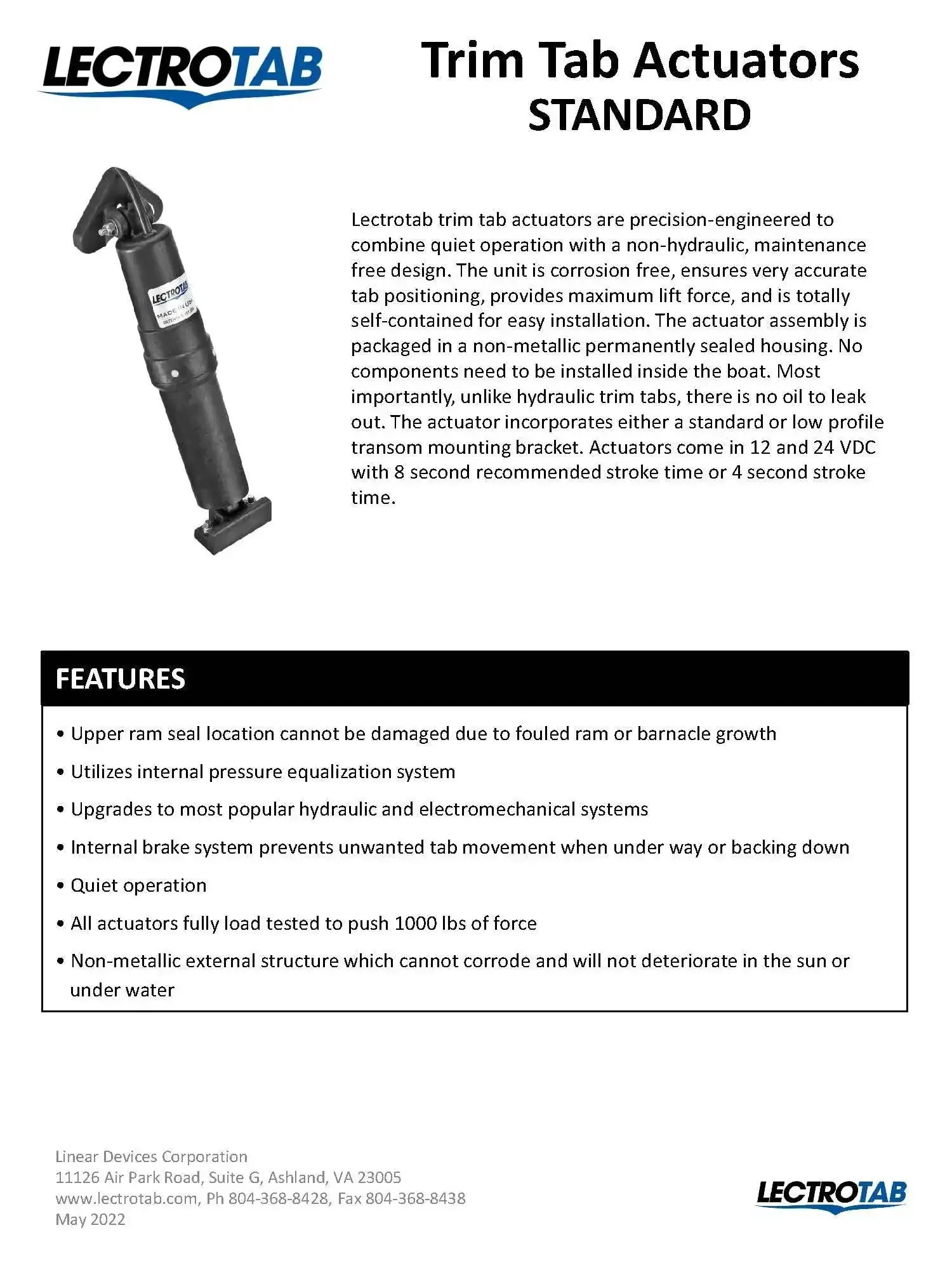 Standard Trim Tab Actuator A BK 13 With 23 Foot Cable For Hydraulic And Electromechanical Systems Upgrade Internal Brake To Prevent Tab Movement Load Tested To 1000 Pounds Ram Seal Protection Against Fouling - Image 3