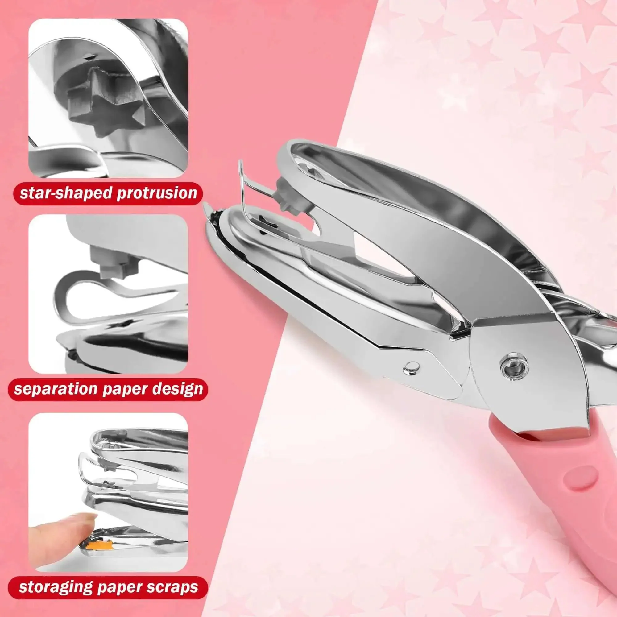Star And Heart Hole Punch Set 1/4 Inch Handheld Paper Punch With Soft Grip Pink Handles Two Pack For Tags Clothing Tickets Scrapbooking And Craft Projects Durable Stainless Steel - Image 5