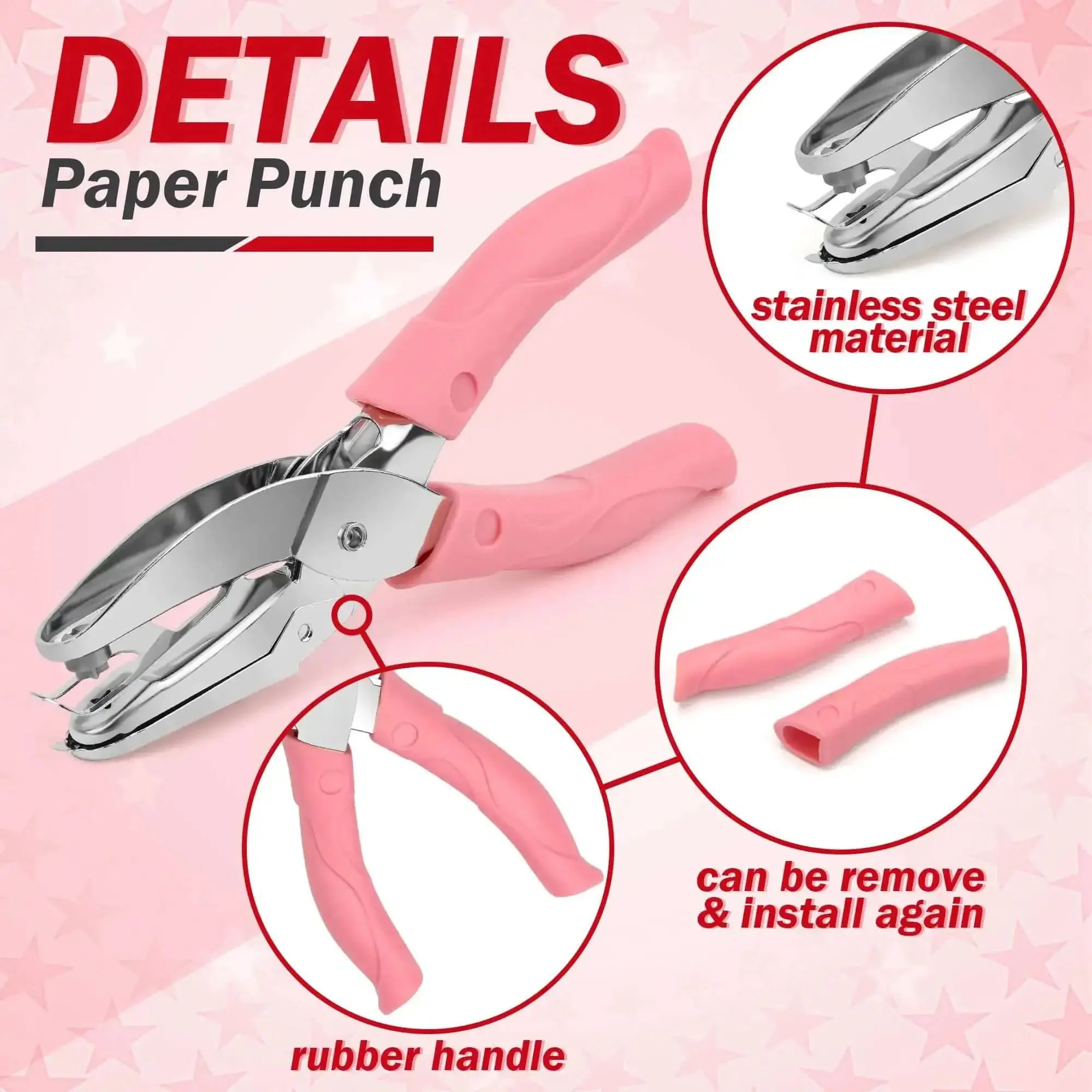 Star And Heart Hole Punch Set 1/4 Inch Handheld Paper Punch With Soft Grip Pink Handles Two Pack For Tags Clothing Tickets Scrapbooking And Craft Projects Durable Stainless Steel - Image 6