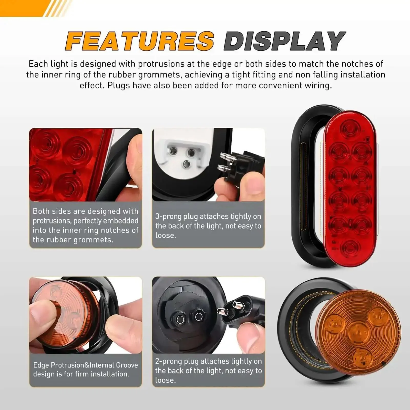 Steel Trailer Light Boxes Housing Kit Two Pack With Amber Side Marker Lights And Red Oval Stop Brake Turn Signals Plus 3LED License Plate Lamp With Grommet Plugs For Truck Boat And RV - Image 4