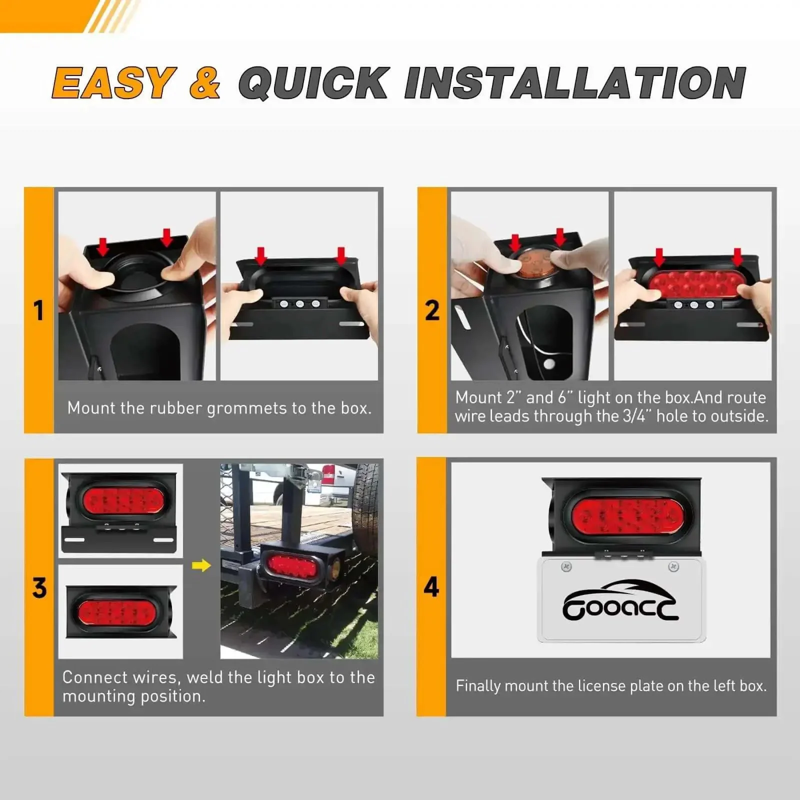 Steel Trailer Light Boxes Housing Kit Two Pack With Amber Side Marker Lights And Red Oval Stop Brake Turn Signals Plus 3LED License Plate Lamp With Grommet Plugs For Truck Boat And RV - Image 5