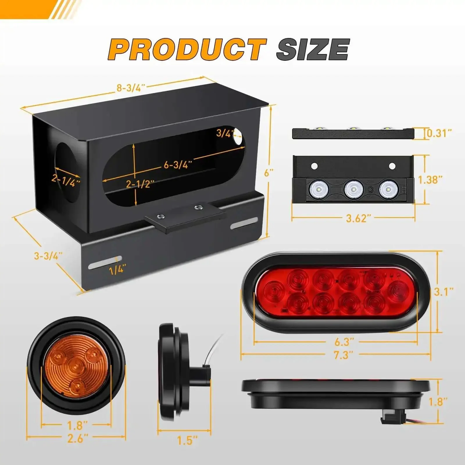 Steel Trailer Light Boxes Housing Kit Two Pack With Amber Side Marker Lights And Red Oval Stop Brake Turn Signals Plus 3LED License Plate Lamp With Grommet Plugs For Truck Boat And RV - Image 7