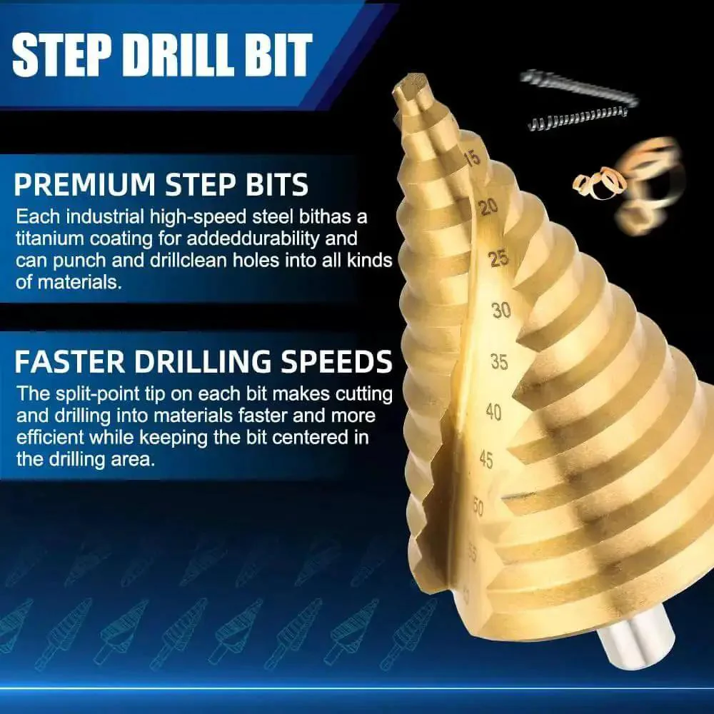 Step Drill Bit Set 6 To 60mm Titanium Coated HSS Cone Drill Bit With Triangular Shank Spiral Groove Pagoda Hole Cutter For Metal Wood Brass Plastic Easy Hole Opener Pro Grade DIY Friendly High Quality - Image 2