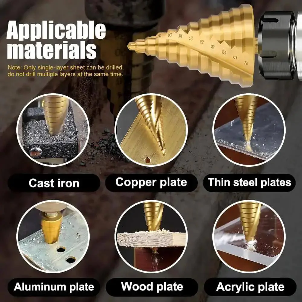 Step Drill Bit Set 6 To 60mm Titanium Coated HSS Cone Drill Bit With Triangular Shank Spiral Groove Pagoda Hole Cutter For Metal Wood Brass Plastic Easy Hole Opener Pro Grade DIY Friendly High Quality - Image 3