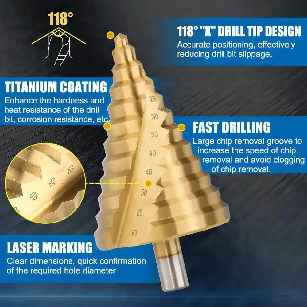 Step Drill Bit Set 6 To 60mm Titanium Coated HSS Cone Drill Bit With Triangular Shank Spiral Groove Pagoda Hole Cutter For Metal Wood Brass Plastic Easy Hole Opener Pro Grade DIY Friendly High Quality - Image 4