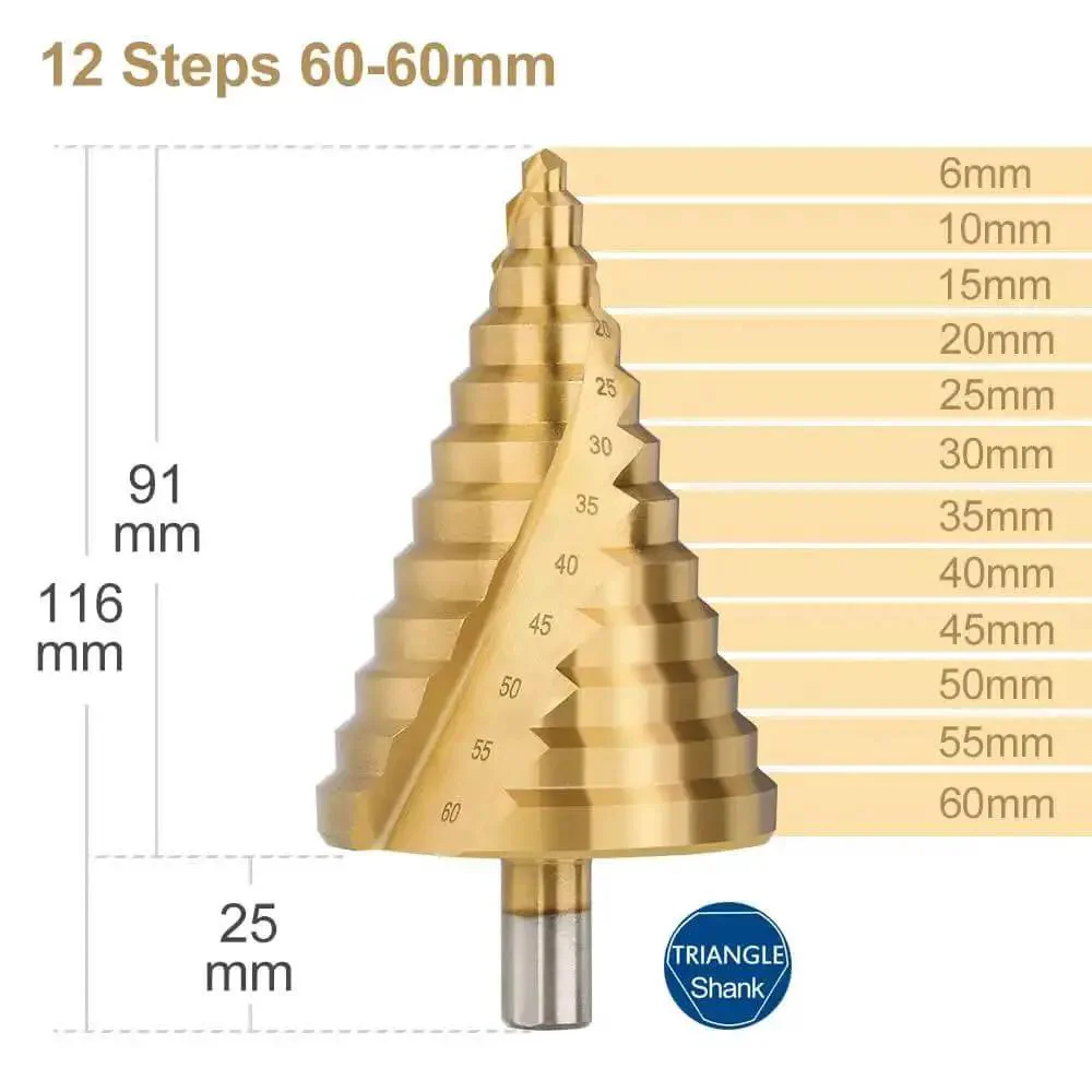 Step Drill Bit Set 6 To 60mm Titanium Coated HSS Cone Drill Bit With Triangular Shank Spiral Groove Pagoda Hole Cutter For Metal Wood Brass Plastic Easy Hole Opener Pro Grade DIY Friendly High Quality - Image 5