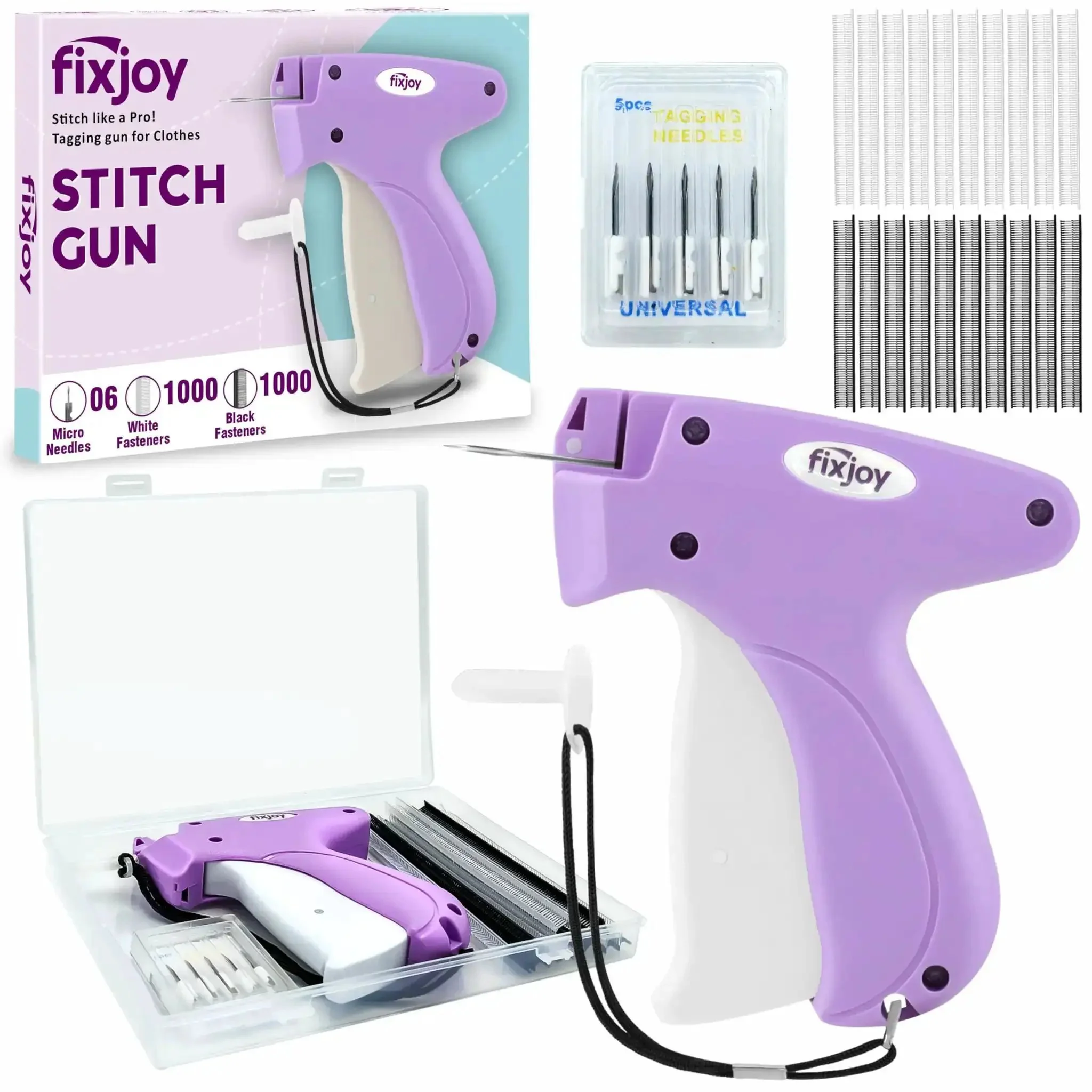 Stitch Gun for Clothes Handheld Sewing Kit With Safety Storage Box No Jam Quick Fix On The Go Hemming Tool 6 Needles 2000 Fasteners Black White Purple Lightweight Ergonomic Ideal for Travel DIY Repairs and Everyday Clothing Mending