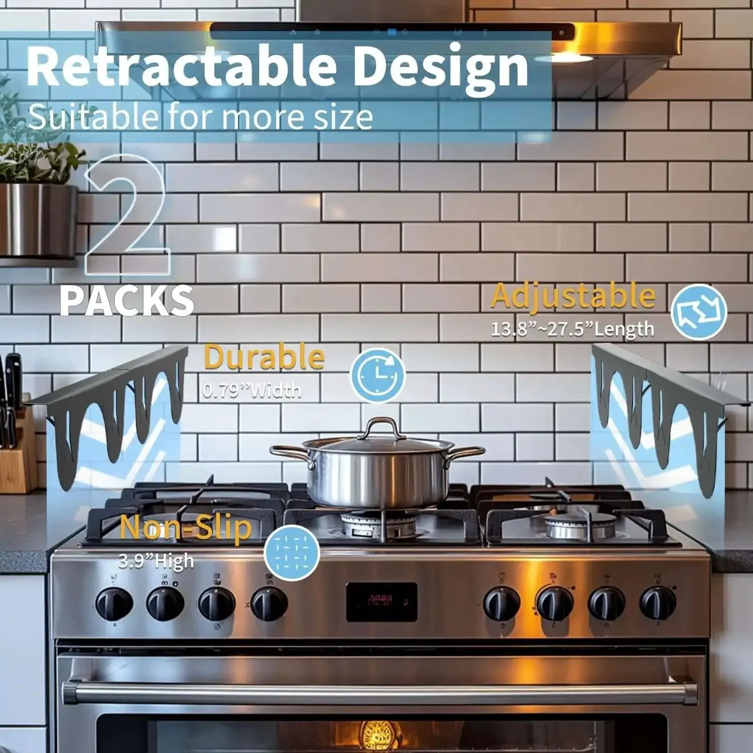 Stove Gap Cover 2 Pack Black Adjustable Stainless Steel Gap Filler For Kitchen Counter Edges Heat Resistant And Easy Clean Range Trim Kit Fits Gaps From 13.8 To 27.5 Inches Creates Seamless Spill Proof Kitchen Look - Image 2
