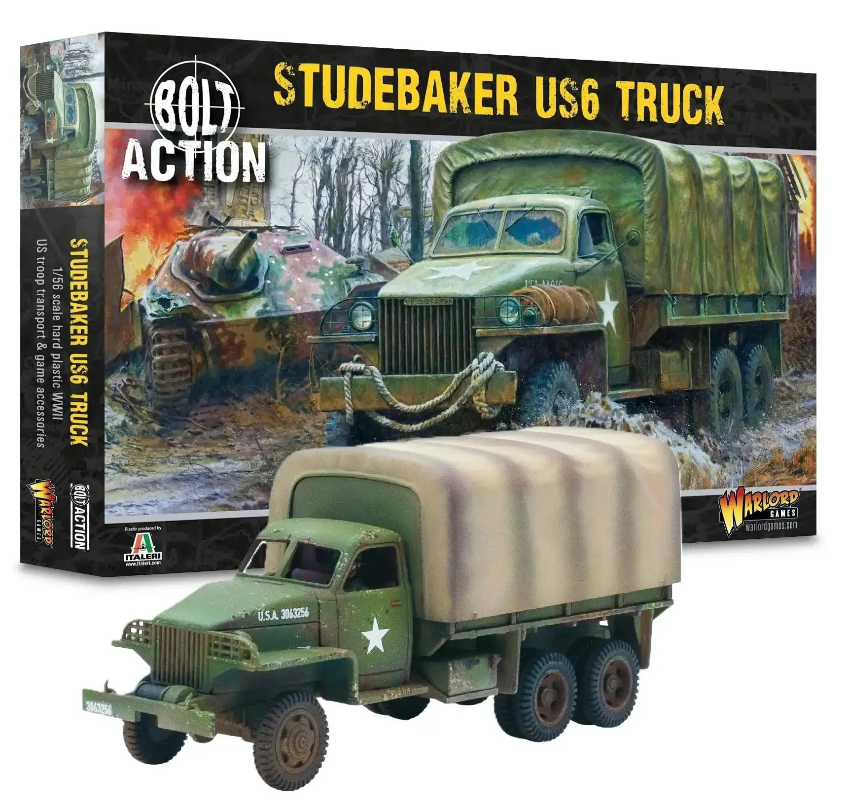 Studebaker US6 Truck 1:56 Scale Plastic Model For Bolt Action By Warlord Games Battle Ready World War II Miniature Transport With Open Top Bed Or Soft Skin Includes Decal Sheet Vehicle Stat Card And Damage Markers
