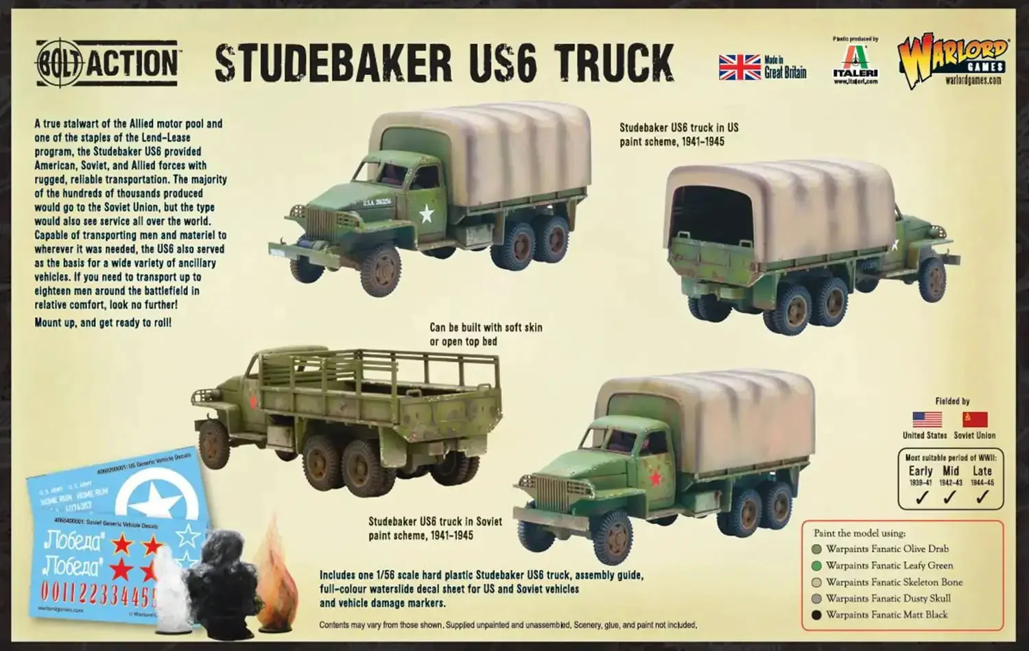 Studebaker US6 Truck 1:56 Scale Plastic Model For Bolt Action By Warlord Games Battle Ready World War II Miniature Transport With Open Top Bed Or Soft Skin Includes Decal Sheet Vehicle Stat Card And Damage Markers - Image 2